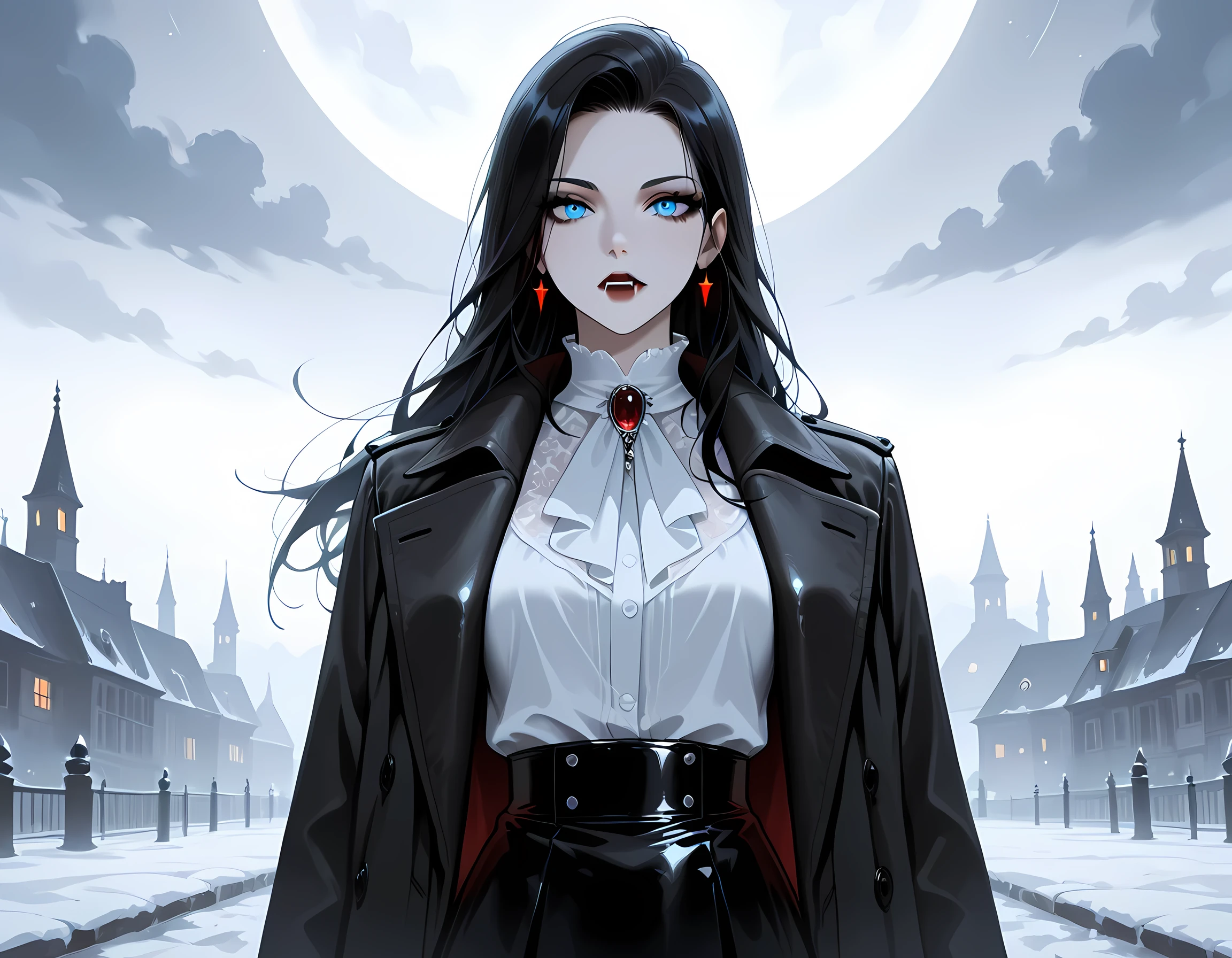 score_9, score_8_up, score_7_up,goth black and white anime art, (black and white art: 1.5) mostly black and white, a picture of a beautiful female vampire, best detailed face, black hair, long hair hair, blue eyes, wearing trench coat, wearing a skirt, wearing white shirt, tight leather shirt, it is cloudy night, starry night(only colors are the blood and the eyes), vampyfangs1, fantasy, Cinematic Shot, atmospheric haze