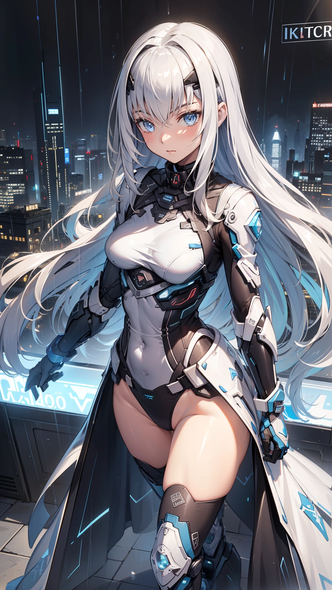 ((masterpiece, highest quality, Ultra Clear, High resolution)), alone, beautiful girl, Shining Eyes, Perfect Eyes, 30 years old, White Theme, cyberpunk,Silver Hair,White Neon Light,Cyberpunk Landscape,Cyberpunk Gadgets,Large Breasts,Big Ass,
