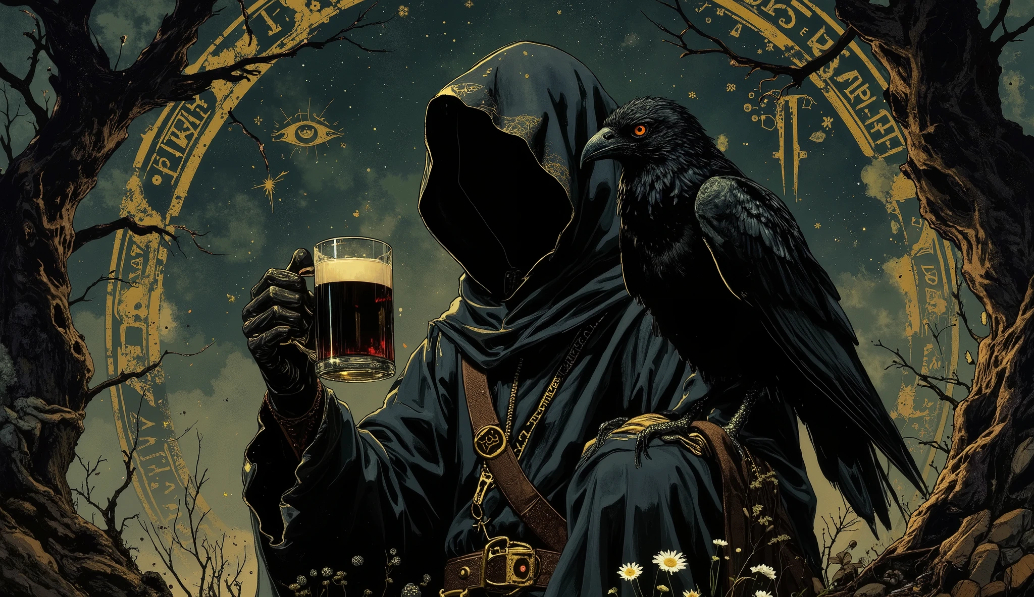 A hooded figure, wrapped in dark and detailed robes, segura uma taça de black beer thick as oil. Inside the cup , the liquid subtly reflects the shape of an hourglass. On the figure's shoulder rests a raven with intense amber eyes, Looking directly at the viewer. . The background presents a dark forest with twisted trees whose branches resemble skeletal hands. The sky is dotted with stars that form mystical constellations, including the eye of Horus and a Viking rune. In the soil , small white flowers grow delicately,  contrasting with the dark environment . The color palette is dominated by black, Dark Blue and Gold, with touches of amber to highlight the main elements.