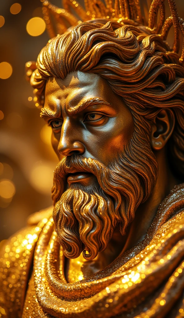Crie uma imagem 8K inspiradora representando um Zeus grego ,Forte, olhando para o lado, immortalized as a bust statue, Single bust statue, com detalhes minuciosos, com fundo azul