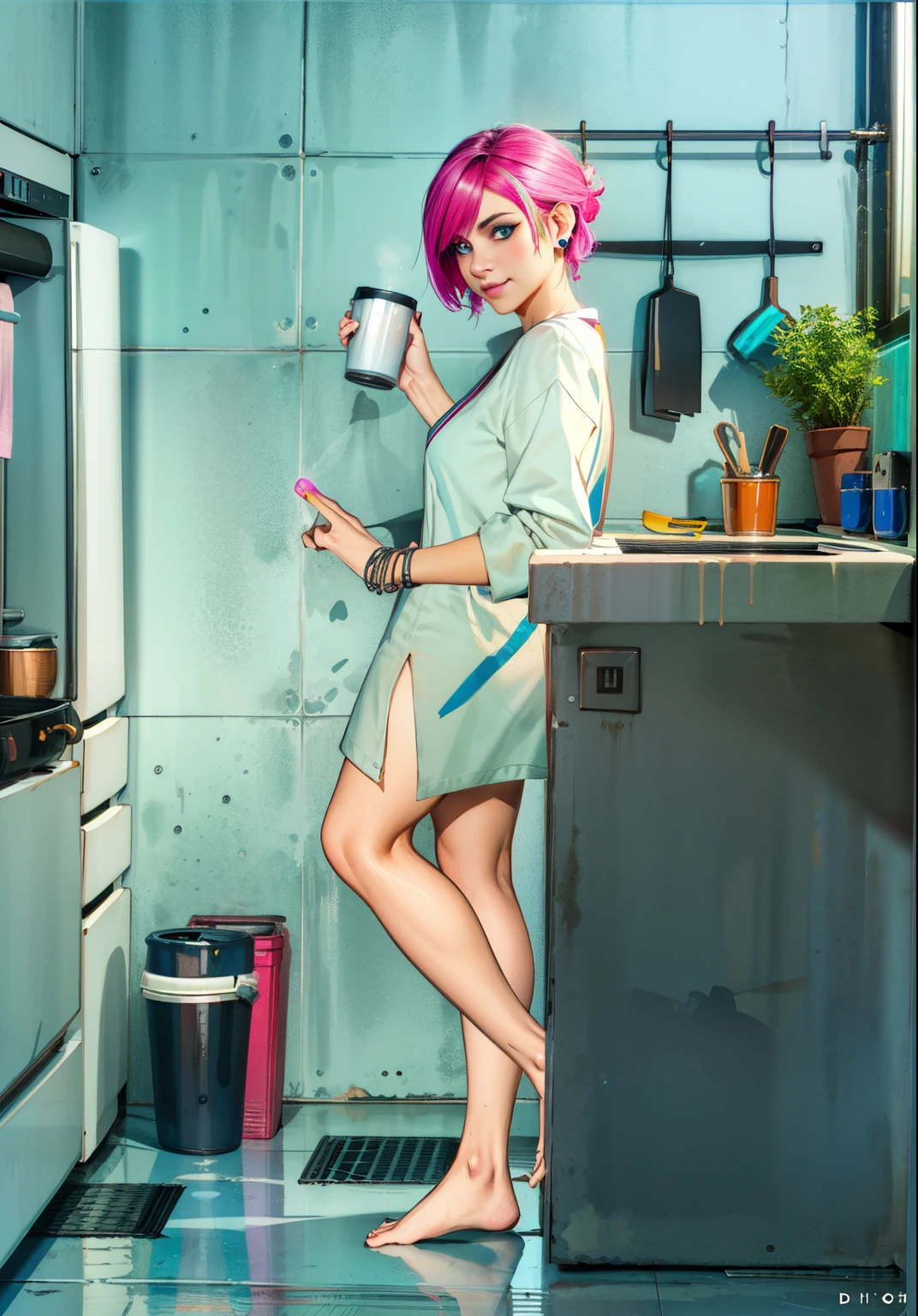 looking at viewer romantically, (extremely detailed CG unity 4k wallpaper),(best illustration),(best shadow),(absurdres), (simple background), fetchxl, multicolored hair,pink hair, blue eyes, Oversized shirt, earrings, natural light, morning, nose ring, loving smile, medium breasts, Lithe figure, kitchen, coffee cup, POV, feet, bare legs, tile floor, apartment,