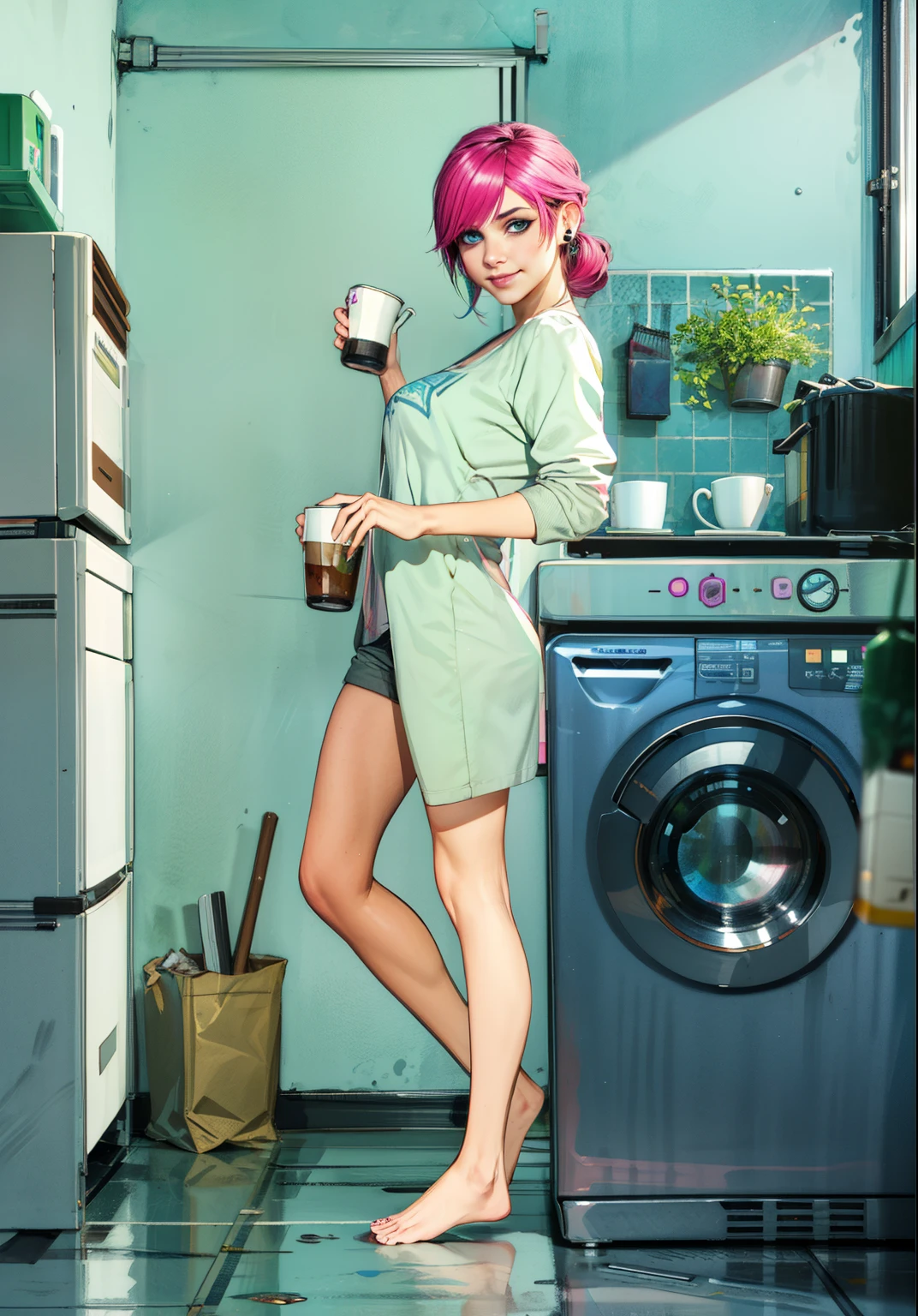 looking at viewer romantically, (extremely detailed CG unity 4k wallpaper),(best illustration),(best shadow),(absurdres), (simple background), fetchxl, multicolored hair,pink hair, blue eyes, Oversized shirt, earrings, natural light, morning, nose ring, loving smile, medium breasts, Lithe figure, kitchen, coffee cup, POV, feet, bare legs, tile floor, apartment,