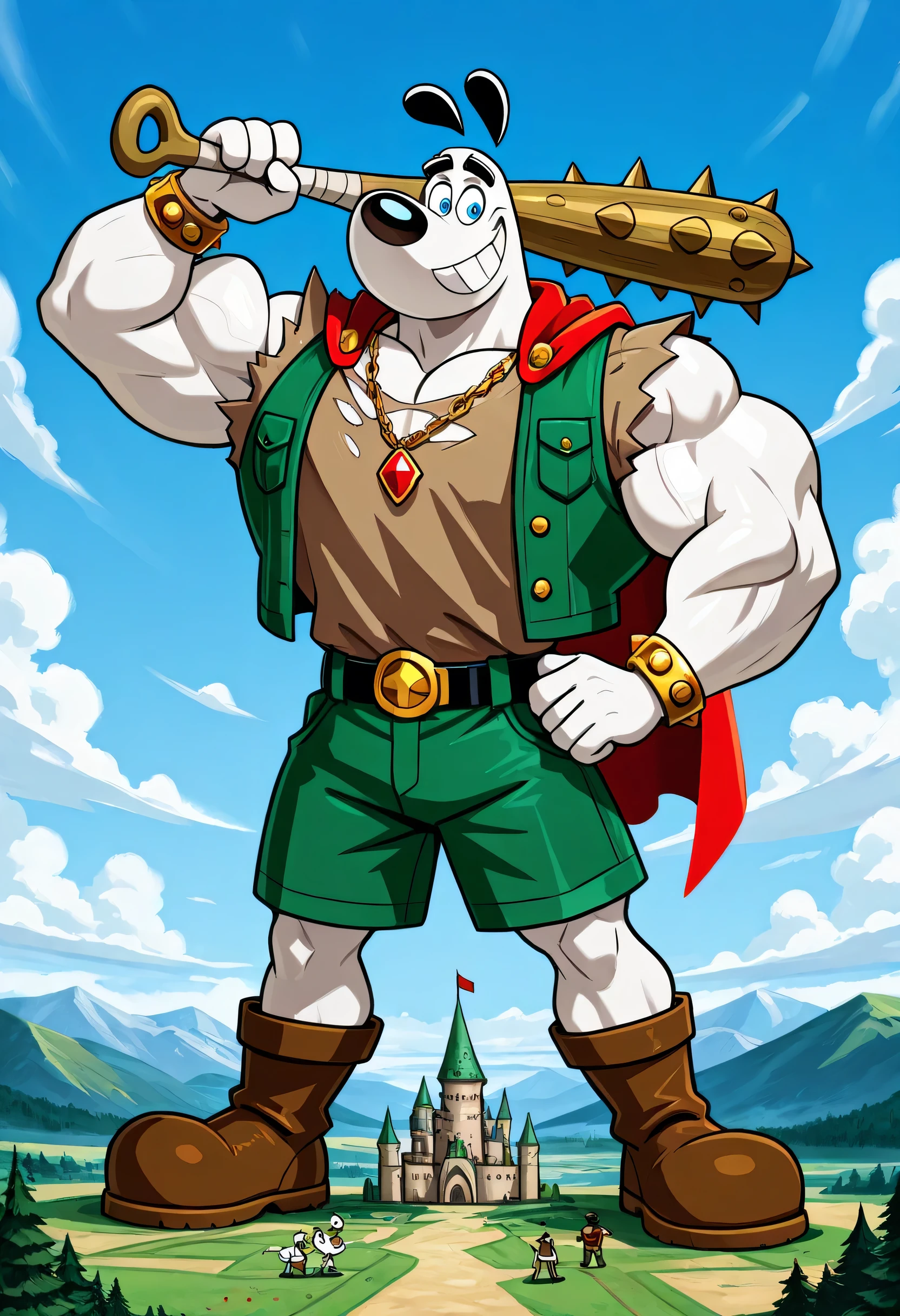A Giant muscular dudley puppy (T.U.F.F Puppy), white dog, cartoon 2d style, giant, macro size, full body, muscular body, clouds world background, Masterpiece, best quality, high quality, detailed, Dudley Puppy, male, solo male, 1boy, broad shoulders, mature male, blue eyes, athletic build, muscular male, black ears, black eyebrows, animal ears, white body, big eyebrows, ripped dark brown shirt, ripped dark green vest, round snout, full body, ripped green shorts, black belt with gold jewels and keys, golden necklace with a red jewel, bigger golden bracelets with jewels, wearing a very long red cape, big feets, ripped brown boots, outdoors, looking down, smiling, macro size, 50 foot size, giant, holding a spiked bat, blue sky background, sitting over a beanstalk castle background, fairytale fantasy scene.