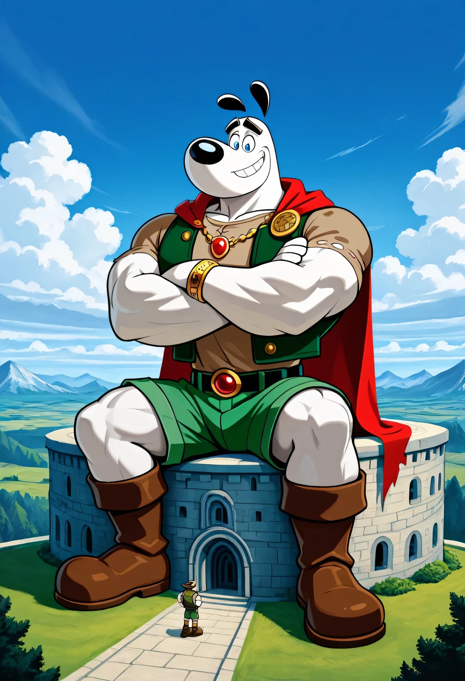 A Giant muscular dudley puppy (T.U.F.F Puppy), white dog, cartoon 2d style, giant, macro size, full body, muscular body, clouds world background, Masterpiece, best quality, high quality, detailed, Dudley Puppy, male, solo male, 1boy, broad shoulders, mature male, blue eyes, athletic build, muscular male, black ears, black eyebrows, animal ears, white body, big eyebrows, ripped dark brown shirt, ripped dark green vest, round snout, full body, ripped green shorts, black belt with gold jewels and keys, golden necklace with a red jewel, bigger golden bracelets with jewels, wearing a very long red cape, big feets, ripped brown boots, outdoors, looking down, smiling, macro size, 50 foot size, giant, arms crossed, blue sky background, sitting over a beanstalk castle behind background, fairytale fantasy scene, jack and the beanstalk story.