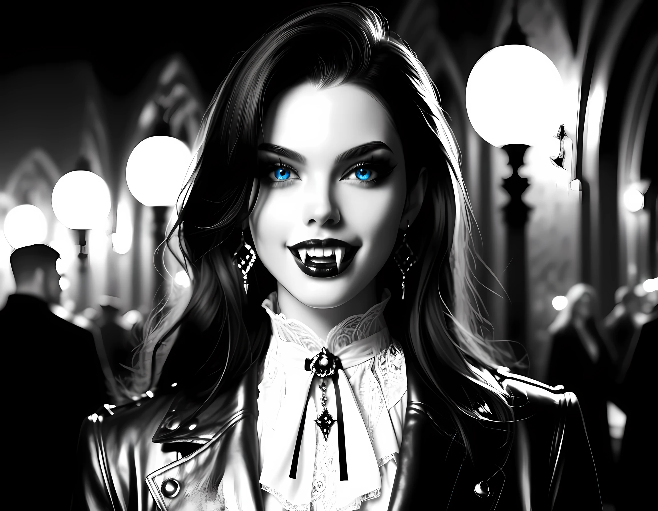 score_9, score_8_up, score_7_up,goth black and white anime art, (black and white art: 1.5) mostly black and white, a picture of a beautiful female vampire, best detailed face, black hair, long hair hair, (blue eyes: 1.3), wearing trench coat, wearing a skirt, wearing white shirt, tight leather shirt,  it is cloudy night, starry night(only colors are the blood and the eyes), vampyfangs1, fantasy, Cinematic Shot