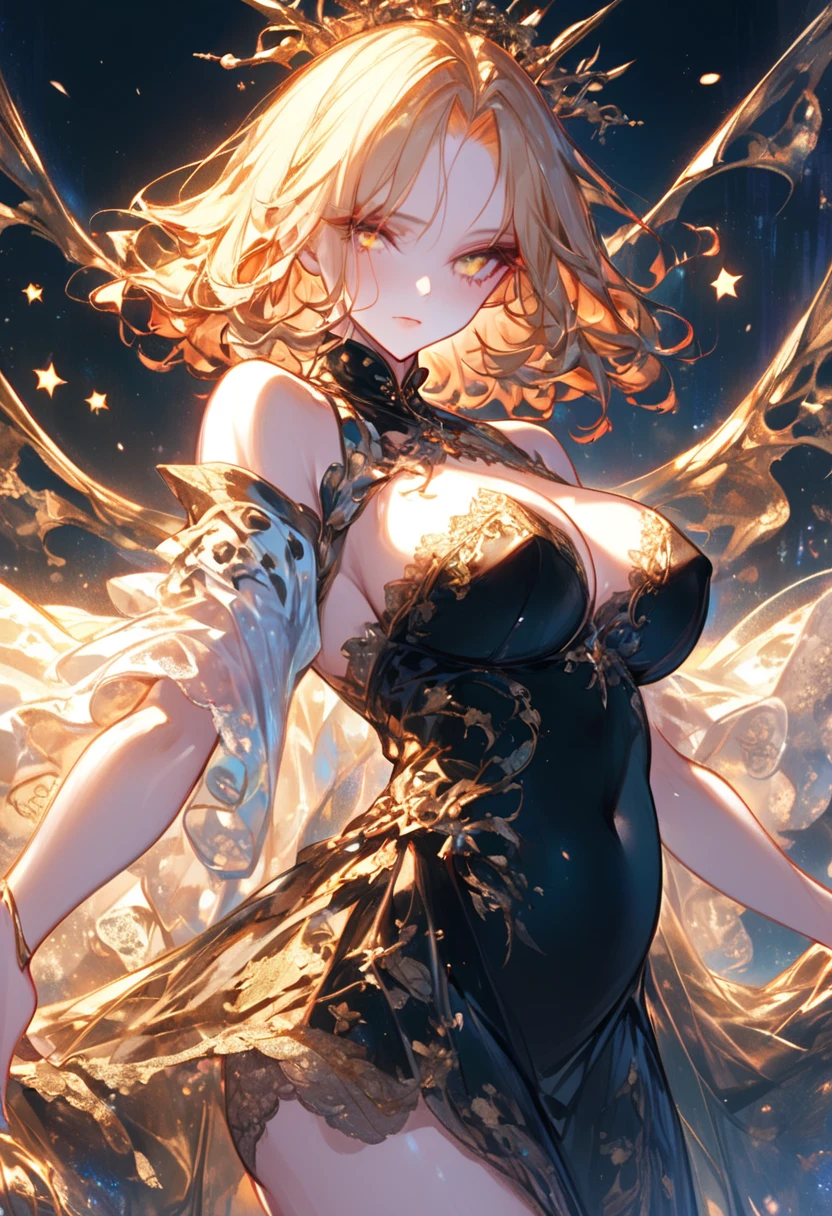 (1 busty girl:1.3),(Nice face,pretty eyes:1.0),(Lens 135mm f1.8,Core Shadows,电影灯光,Dinamic Light,particle illumination,Dramatic light:1.1),(A high resolution,Octagonal rendering,ultra detailed Ray tracing,8K:1.2),(thick outline:1.4), largeeyes,((((upper part of body)))),Close-up cleavage, Iridescent eyes, star eye, starrysky ,((Nebula galaxy background)) ,The color hair,realistic shaded,Highqualityshadow, mediuml breasts