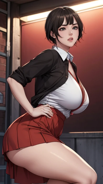 ((best quality)), ((On the table)), (detailed), (emphasize), Perfect face　Young girl&#39;s face detail showing cleavage、Red eyes and long, Thick, smooth, pretty black hair，Bangs、Monochrome background、Wear it standing with a blazer and miniskirt、