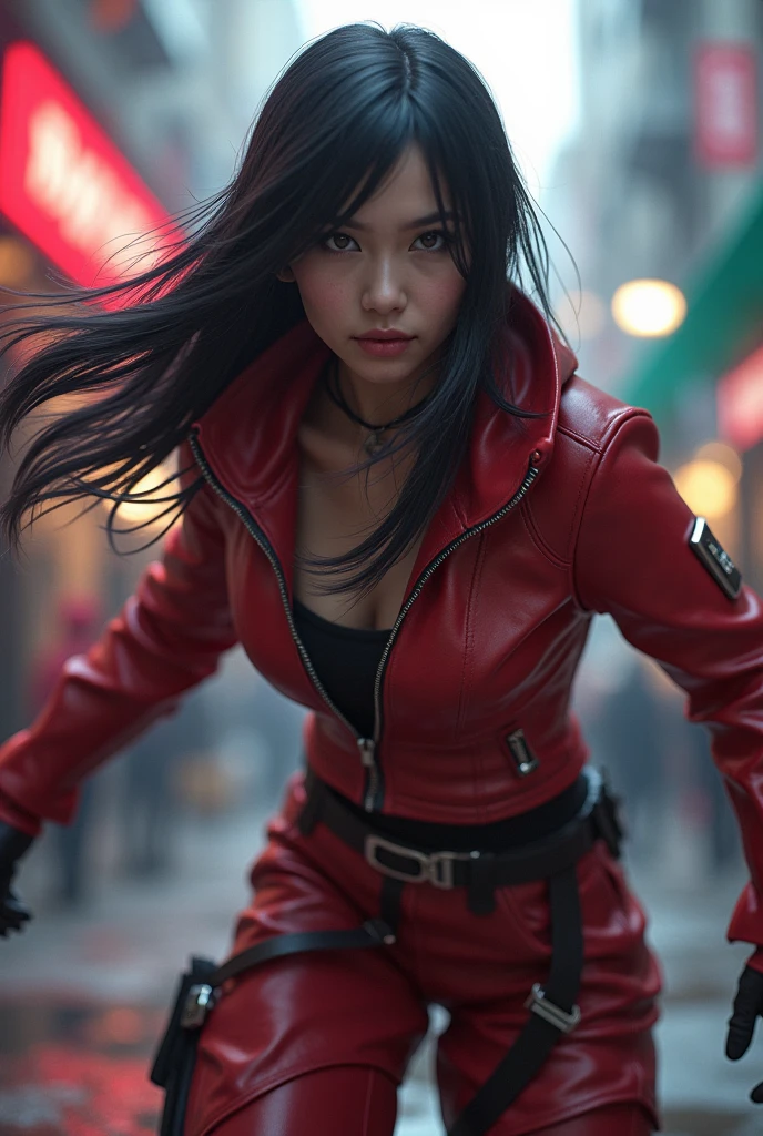 A woman in a red padded jacket and black stockings, carrying a sword --auto --s2