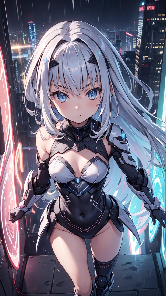 top-quality、Top image quality、​masterpiece、girl with((Silver and black mechanical body armor、silver mechanical arm、silver leg arms、Shining red body line、sixteen years old、teen ager、cute little、Best Bust、big bast,Beautiful shining purple eyes、Breasts wide open, white  hair、black mechanical wings,Longhaire、A slender,Large valleys、belligerent movements,holds a black sword、Leaning forward)),hiquality、Beautiful Art、Background with((Midnight City、Pillar of fire、fluttering white feathers)))、Depth((Black Giant Robot)),masutepiece、depth of fields,Cinematic style