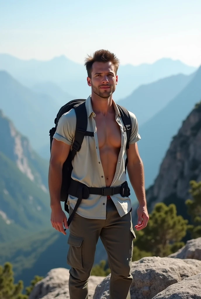 masterpiece, best quality, high resolution, closeup portrait, male focus, solo focus, a young man, pretty shirtless sweaty hairy guy hiking, bending over camera perspective, bleached blonde hair, 25 years old, hiking and climbing, view from below, scruffy, closeup, interesting perspective, skinny and lean body, pretty cute and masculine face, smirk, wearing dirty white jockstrap hiking backpack, spreading legs pose, filthy, sweaty, hairy legs, skinny, half naked, bare chest, in the background a moutain, hiking trail, outdoors, view from below, amazing composition, HDR, volumetric lighting, ultra quality, elegant, highly detailed