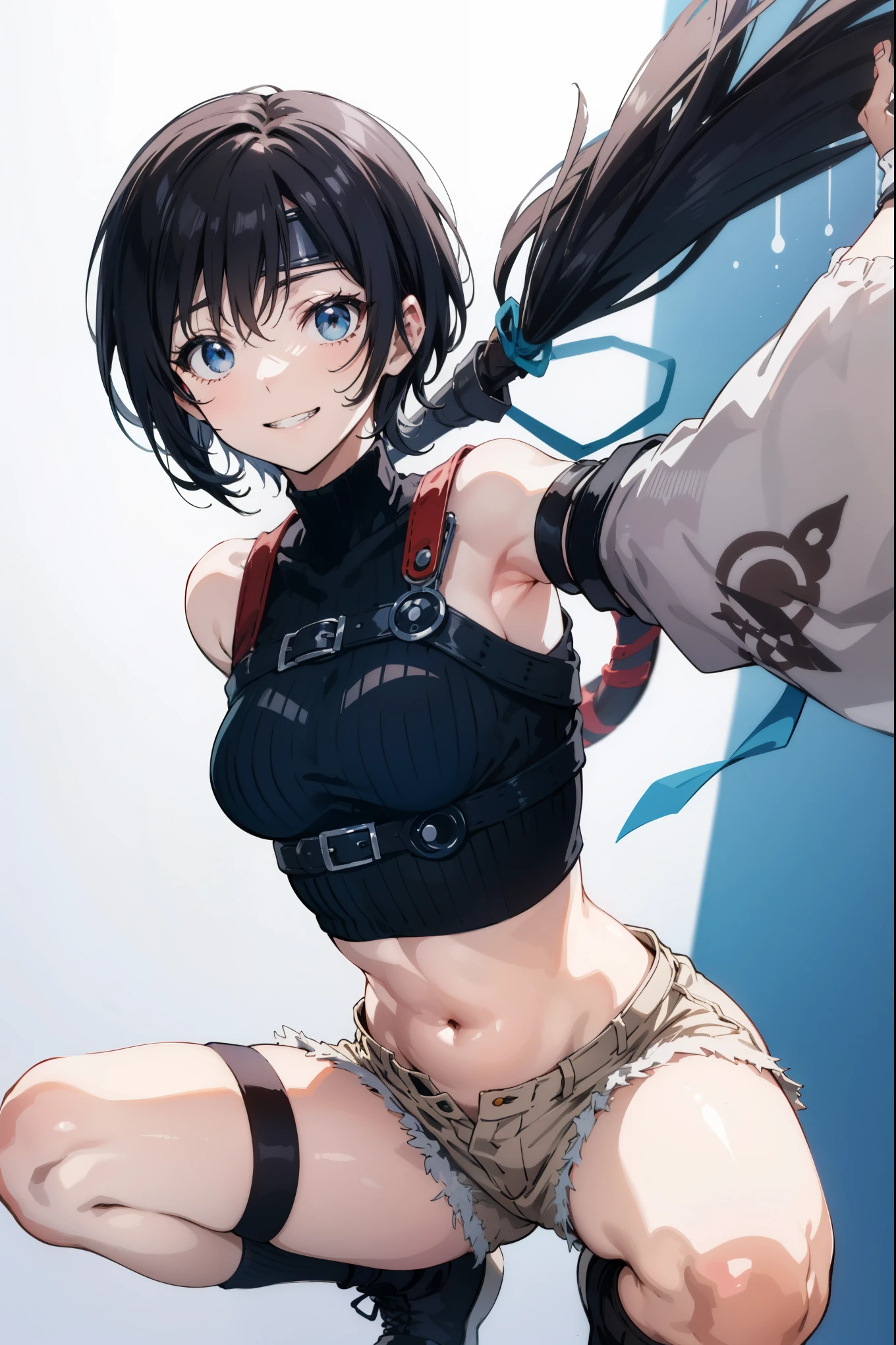 Mikasa, pantie tug, small breasts, covered_nipples, blue bra, blushed , noughty face, sitting on stair, push breasts inward, white shirts with exposed breasts, belt, thigh strap, red scarf, white pants, brown jacket, long sleeves, holding weapon, sword, dual wielding, three-dimensional maneuver gear, spread arms, 