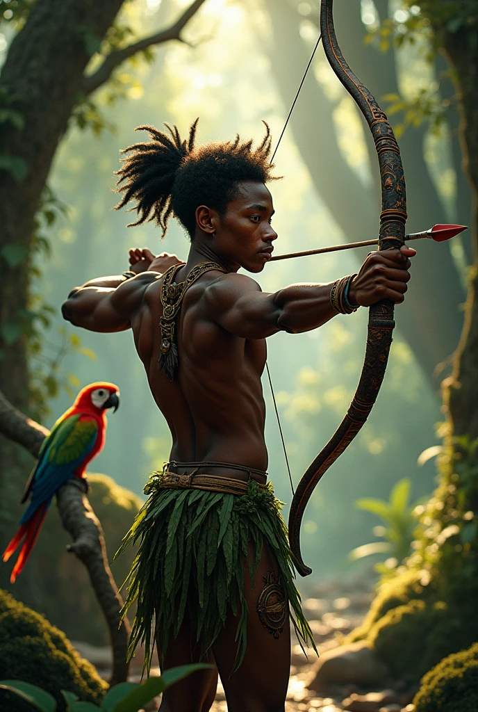 Orisha Oxossi shooting an arrow with feathers on his head