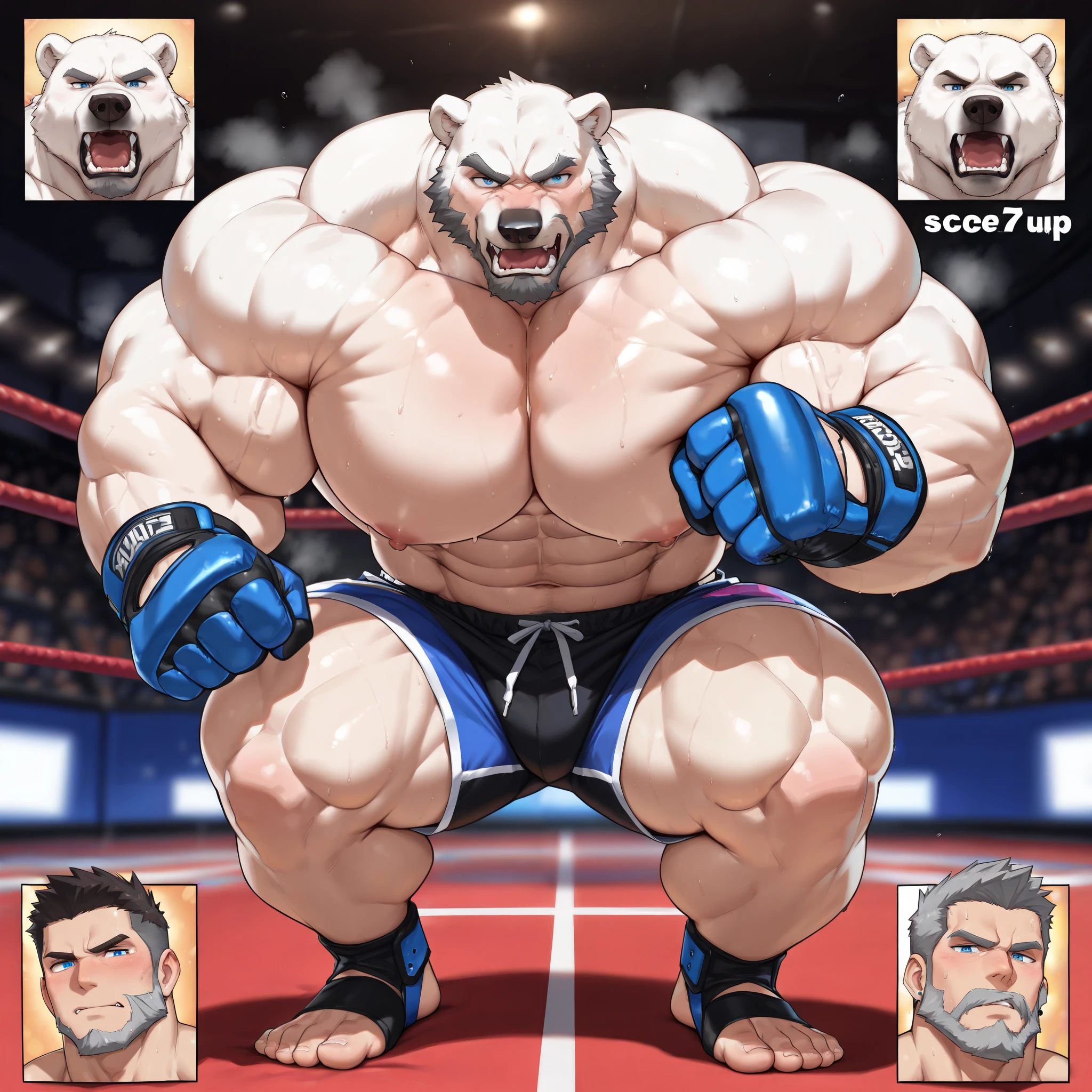score_7_up, score_8, score_9, correct anatomy, detailed eyes, high resolution, hyper-detailed,((solo)), male, white fur, polar bear, ((massive size difference)), ((10 feet tall)), muscle, massive, big muscle, massive muscle, dominant, rough, abs, eight pack, pecs, big pecs, (wide shoulder, wide pec, massive pec muscle thick arms), shirtless, topless, black MMA shorts with blue stripes, MMA gloves with blue knuckle pads, ankle support brace, punching, kicking
grumpy, mature, short grey beard, rugged, moody, aggressive, permanent scowl,
((musk)), musk cloud, opaque musk cloud, thick musk cloud, smelly musk, sweat,
close up on face, face focus, profile picture, looking at viewer, piercing blue eyes, roaring