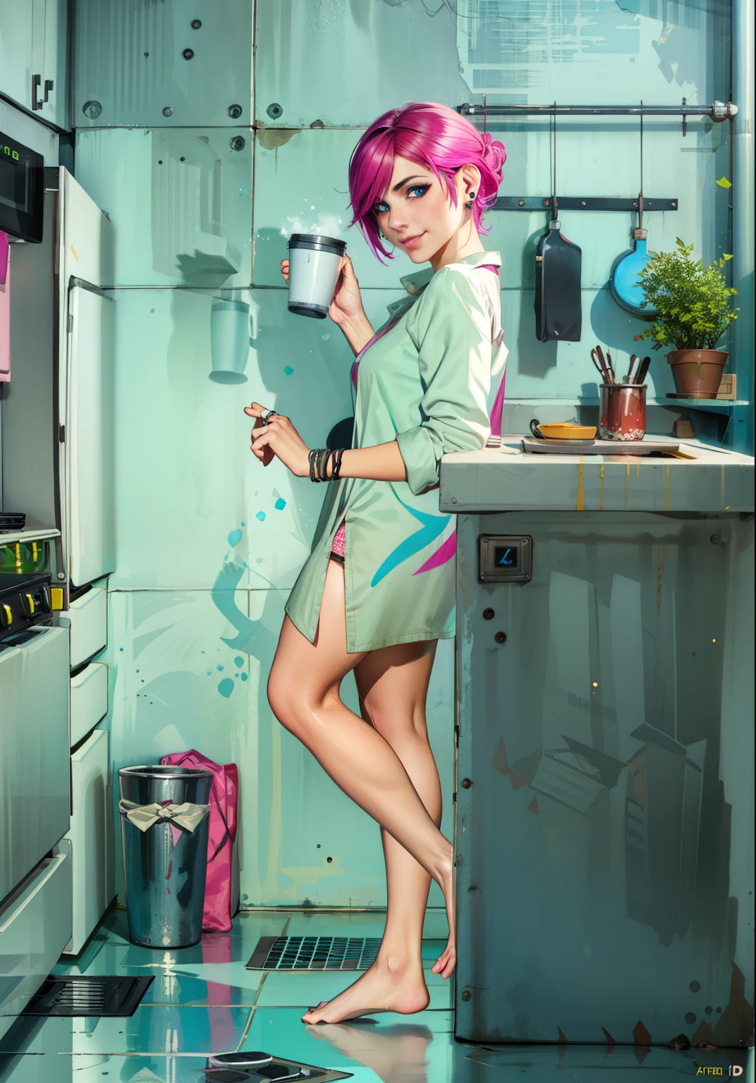 looking at viewer romantically, (extremely detailed CG unity 4k wallpaper),(best illustration),(best shadow),(absurdres), (simple background), fetchxl, multicolored hair,pink hair, blue eyes, Oversized shirt, earrings, natural light, morning, nose ring, loving smile, medium breasts, Lithe figure, kitchen, coffee cup, POV, feet, bare legs, tile floor, apartment,