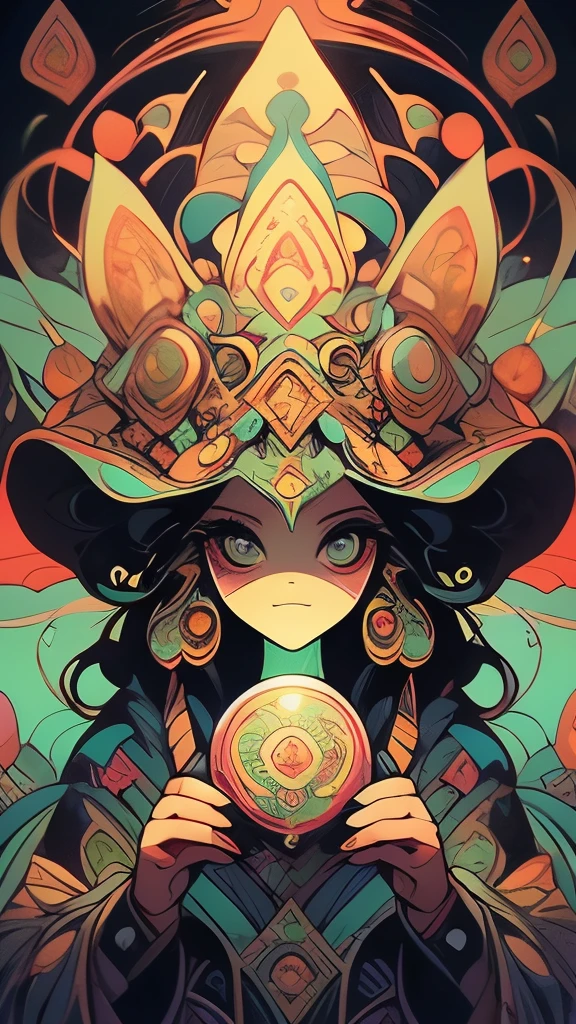 a close up of a person with a hat on holding a candle, psychedelic cosmic horror, psychedelic shaman, psychedelic illustration, psychedelic organic shaman, jen bartel, dan mumford and alex grey style, psychedelic style, fungal god, style of jeff soto, psychedelic artwork, cosmic horror style, a shaman holding up the universe, psychedelic art style, alex pardee