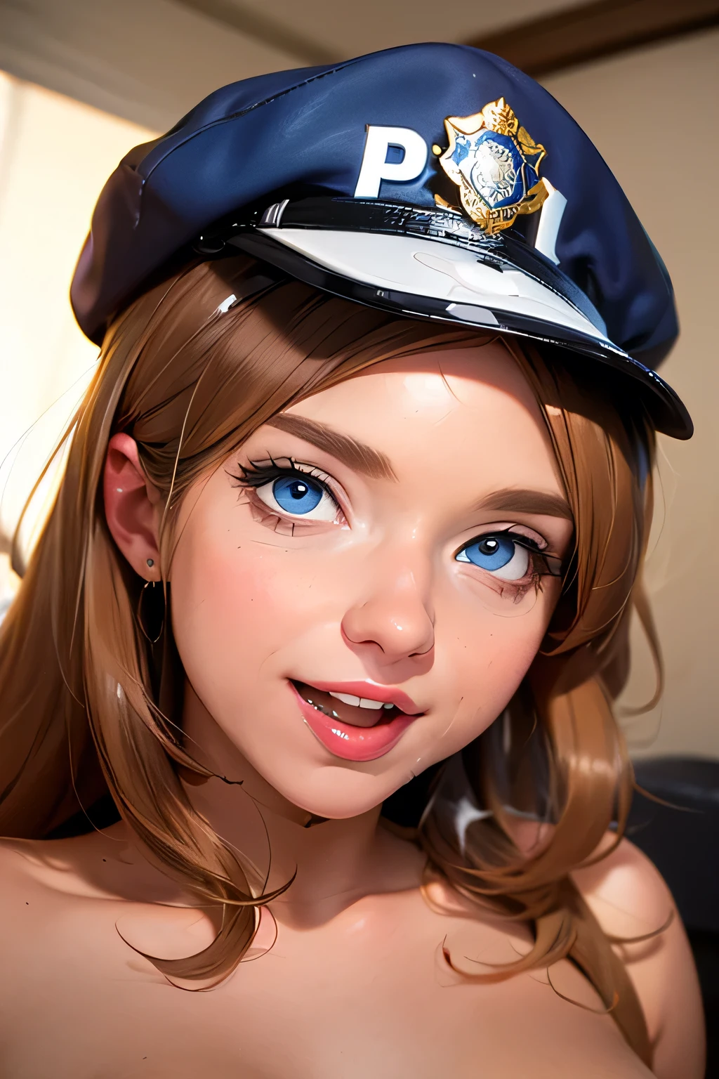Girl . American police officer wearing a cap . brown-haired . blue eyes . about 30 years of age . She's completely naked . American police officer wearing a hat takes a picture of himself in the mirror . and laughs . Her mouth is full of cum .  she's covered in cum  .