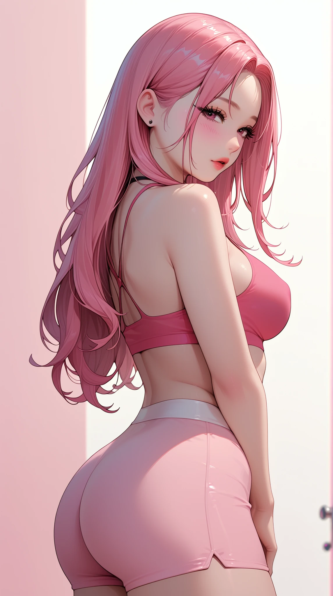 pink hair, pale skin, young korean girl, revealing clothes, sexy, submissive, voluptuous, big breasts, big butt, long hair, yoga shorts, blushing, flirting ((Linear Manga Style)) (*she's made of naughty, hot girl*), no background, colorful background,