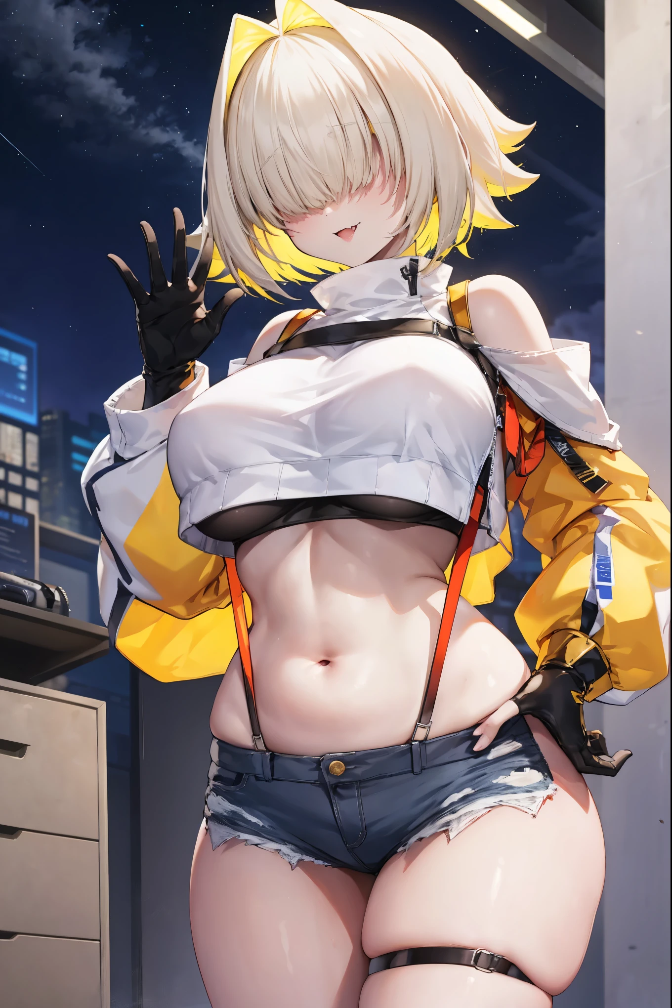 (((Masterpiece, ultra-high definition, ultra-high quality 8K quality))), Anime, a beautiful girl, small and cute face, slender and well-proportioned body, (((silver short hair, lightly wavy hair))), (((clear and beautiful red eyes, eyes with highlights, very long eyelashes))), cute smile, (((very large breasts, a slim waist, a sexy butt))), (((orange colored bra))), (((Orange colored thong))), (((white colored short-sleeved jacket))) (((Short Length Jacket))), (((((white colored micro mini skirt))))), big and cute earrings, stylish necklace, bangle, ring, stylish fashion store background

