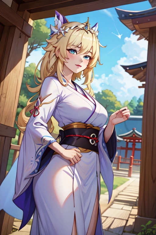 ((Highest quality)), ((masterpiece)), (Familiar), Lusamine,{{nsfw}},thin,Long blonde hair,Small breasts,Small breasts,Erect nipples,Adult female,Green Eyes,Slanted Eyes,kimono,華麗な赤いkimono,Gold embroidery,hairpin,Captivating smile