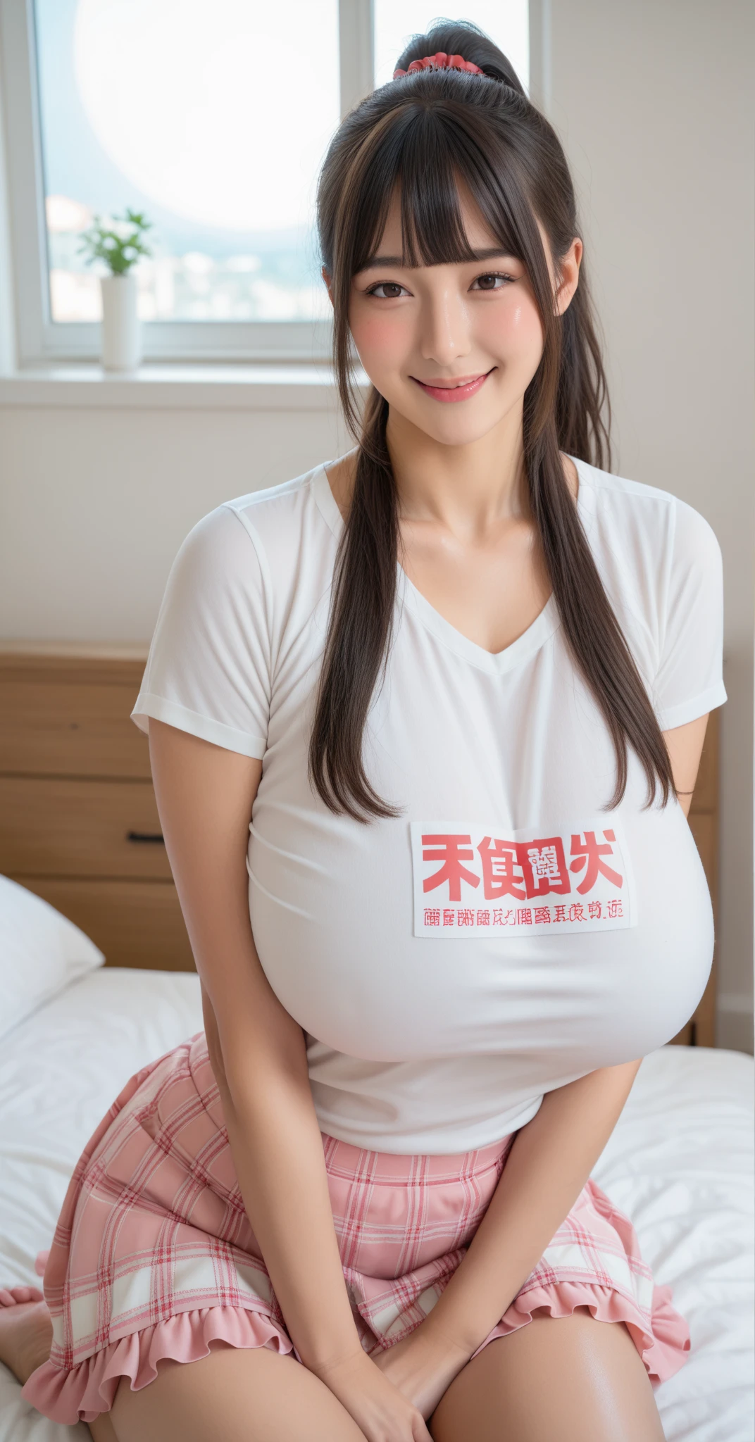 (Top Quality, Masterpiece, Ultra High Definition, Photorealistic), Raw Photo, 1girl, pretty, Japanese, (T-shirt), big breasts, bangs, (SB, stomach bulge, belly bulge, deep penetration, vaginal, big stone pole penetrating), standing, park, smile,