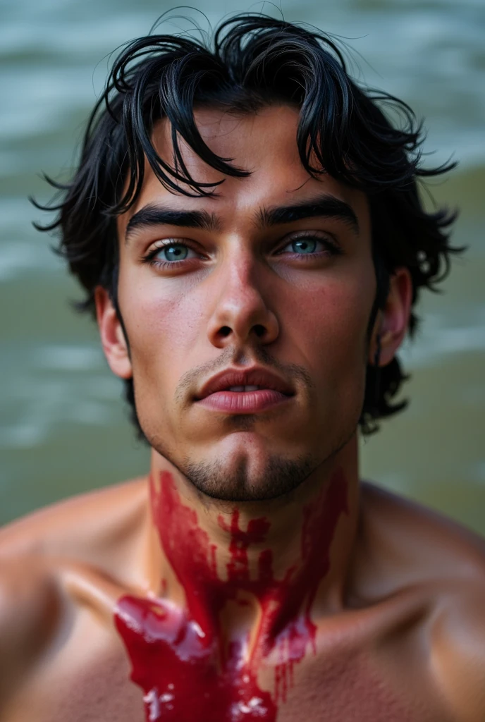 Handsome 20 years old male model, muscular and slim, lying down on seashore unconsious with torn clothes, with painful bruises, exposed penis