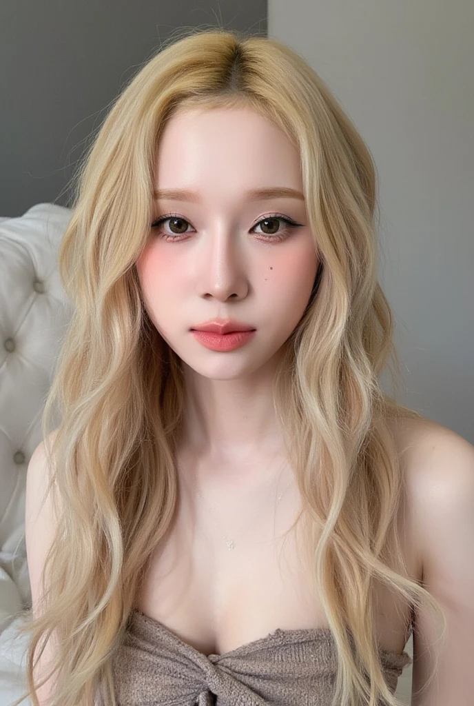 Blonde woman with long hair holding a white cell phone., retrato de kim petras, maquillaje popular de corea del sur, Retrato de Jossi de Blackpink, Parque Roseanne de Blackpink, ulzzang, maquillaje coreano popular, cruel korean gothic girl, ava max, con el pelo largo y blanco, inspirado en Yanjun Cheng, bella delfina, kim taejin