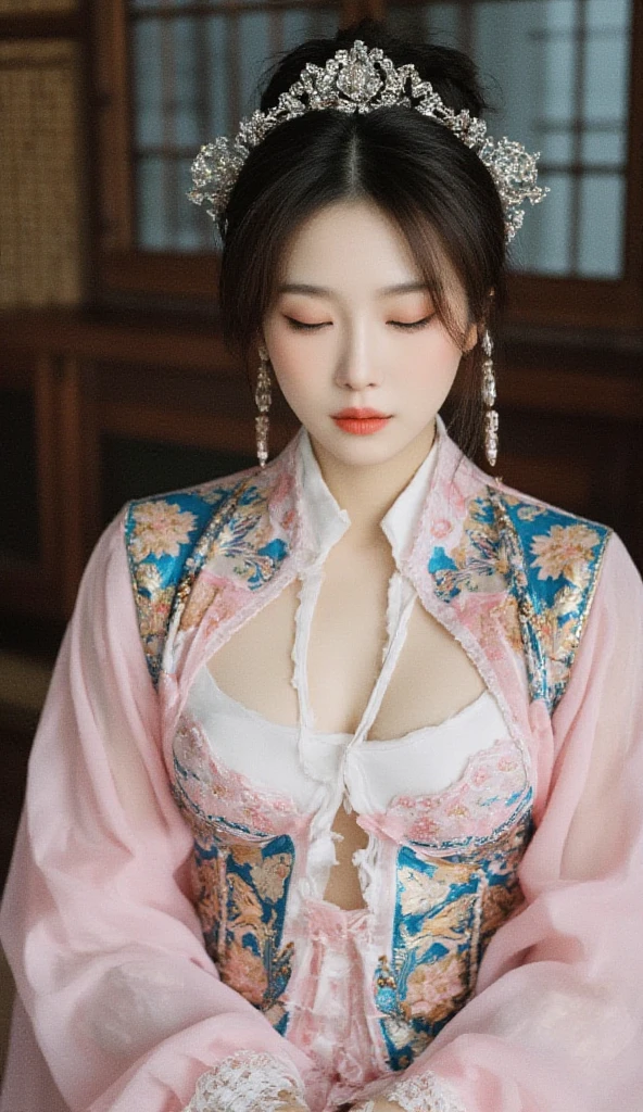 A traditional Chinese courtesan from ancient times. She's beautifully dressed in an exquisite hanfu, with numerous intricate hair ornaments adorning her elaborately styled dark hair. Her face is perfectly round, with delicate features and heavy makeup highlighting her eyes and lips. standing gracefully in a room adorned with classical Chinese art and furniture. (underboob cutout:1.5,partially_undressed:1.5)
