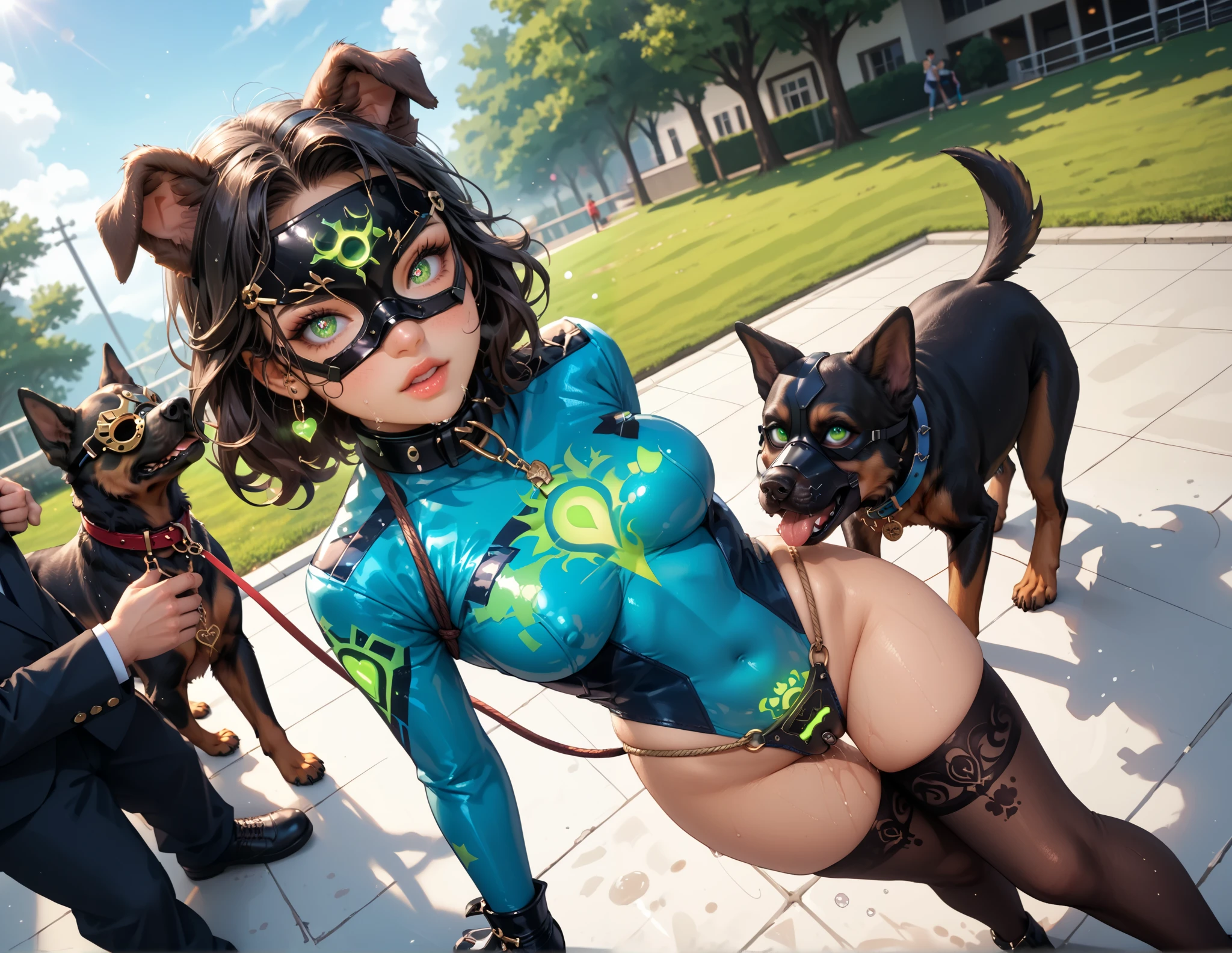 Clear morning, (on stage live),(Naughty performance on stage), Village avenue surrounded by trees, (surrounded by audience),(falling flat and raise one leg and natural urination:0.78),(pet play with mistress:0.7), (petting:1.05), (kissing:1.01), young beautiful woman transformed by a playful yet benevolent magic that enhances her mystical aura, dog ears, (ethereal design dark brown Military jacket and shibari and thin Chastity belt with butt plug:0.99), Collar with leash, gloves with sharp claws,,(dog eye mask:1.6),dark brown thigh-high stockings with glowing rune pattern, Shy and flirtatious expression as she embraces her magical transformation,(flushed skin:0.7),heart-shaped pupils, green glowing eyes imitating a dog, Leotards and other costumes has a star pattern that symbolizes the ability to manipulate space, The long flowing light-emitting black hair, (magic flows from her hands forming swirling patterns in the air:0.5),(well-trained body:1.5),(huge tits:1.2),(shape of erected nipples:0.6),(suntan:1.2),(Pubic hair:0.7),(underarm hair:0.99),(camel toe:0.6),(They all wet their crotches with love juice:0.9),( natural urination:0.2),(erotic tattoo on the leg groin), The image is in anime and manga art style,(from above:1.0), Dynamic Actions:1.5, Dynamic Angle:1.5, anatomically correct, super detail