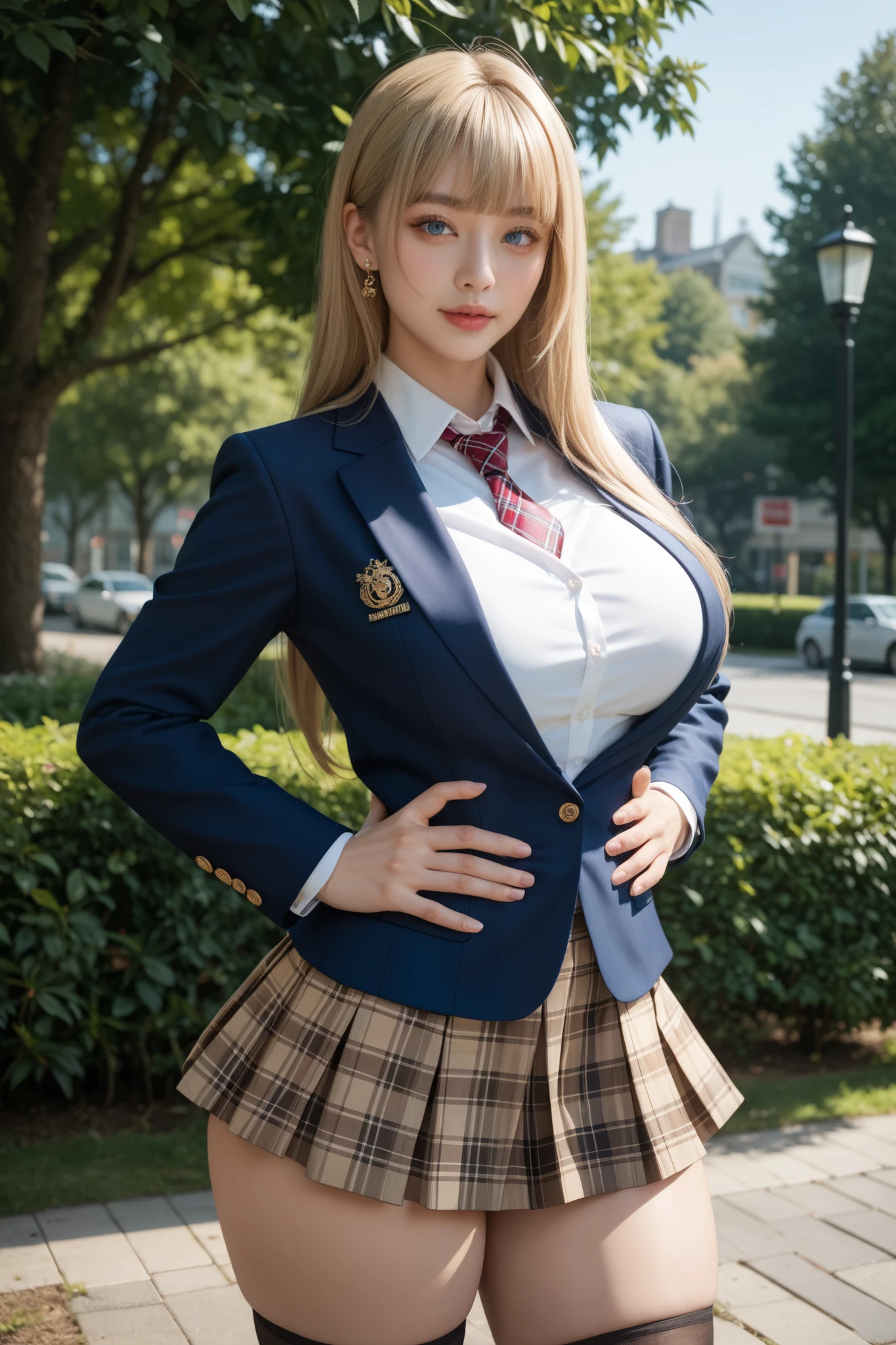 8K, 超A high resolution, Best Quality, masutepiece、超A high resolution、top-quality、 (quite massive chest、cleavage of the breast、Sit on the ground with your knees bent、Open your legs wide to the sides:1.35)(hi-school girl、Red bra、Navy blue blazer、Plaid pleated mini skirt:1.3)、(Sit on the ground of the tree-lined avenue of Omotesando、Huza:1.28)、(a japanese girl、Blonde long hair、Charming smile、rather large black eyes、long lashes、shiny black skin、Quite tanned skin、Tanning Gal:1.3)Black loafers