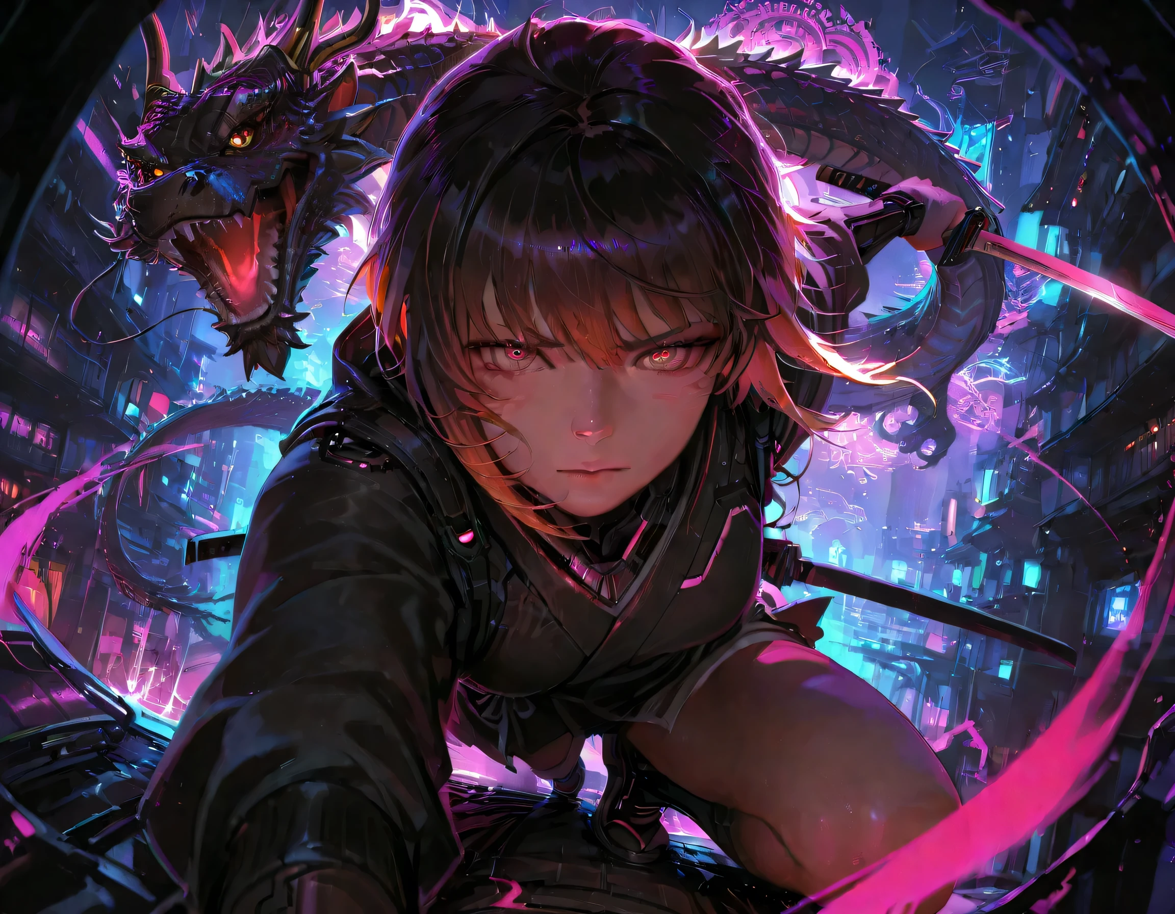 1girl, Japanese style art, cyberpunk, katana, intricate detailed dragon background, black dragon, high quality, cinematic lighting, dramatic atmosphere, moody color palette, muted tones, photorealistic, 8K, HDR, physically-based rendering, katana, Holding Katana, dynamic angle, dynamic view, looking at viewer,