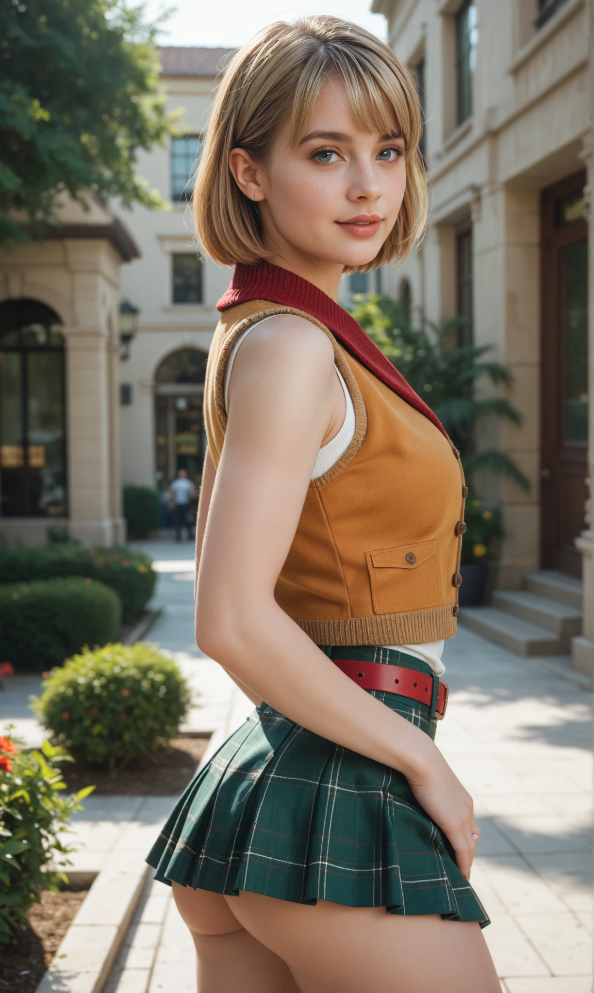 (realistic:1.3), finely detailed, quality, rembrandt lighting, (masterpiece:1.2), (photorealistic:1.2), (best quality), (detailed skin:1.3), (intricate details), dramatic, ray tracing, 1girl, ashley graham, 21 years old, detailed skin texture, (blush:0.5), (goosebumps:0.5), subsurface scattering, smiling, medium breasts, brown eyes, bangs, red scarf, orange sweater, sleeveless turtleneck, green miniskirt, belt, pantyhose, cowboy shot, one hand on hip, (night, night sky, outdoors, on parapet wall, stone walls, on european medieval castle), <lora:ashleygraham-nvwls-v1:1>