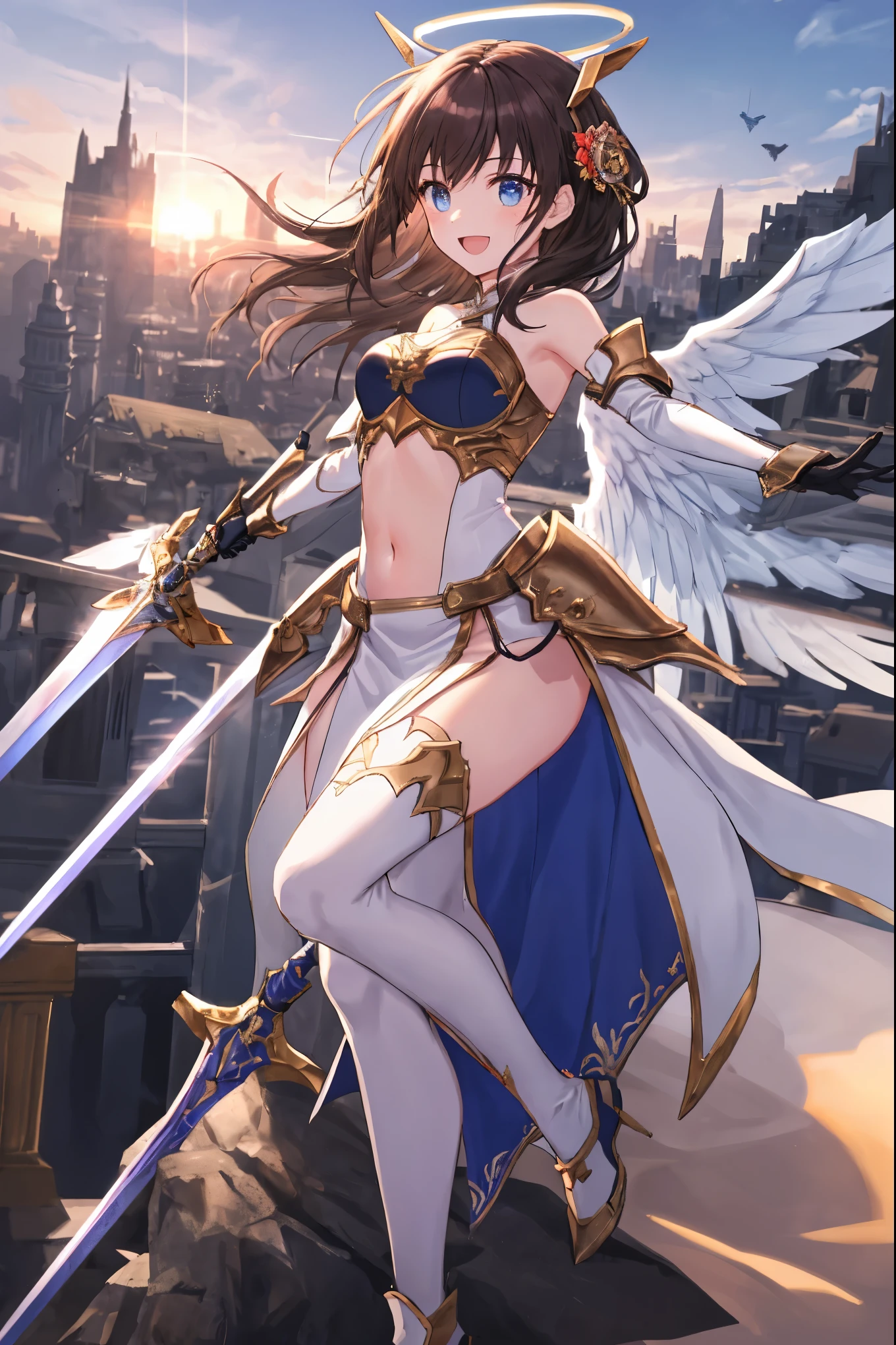 fantasy, 1angel_girl,child, loli,brown_hair, medium_bob_hair, long_bangs, halo,bare_shoulder,thighhighs,silver_armor, waist_armor, large_breasts,angry,grinning,open_mouth_teeth, 1pair_wings, dynamic_pose_fighting,floating, bare_crotch, headgear,gauntlet, greaves,city_sky_background,slightly_spread_legs, solo, groin_naked,dark_skin,