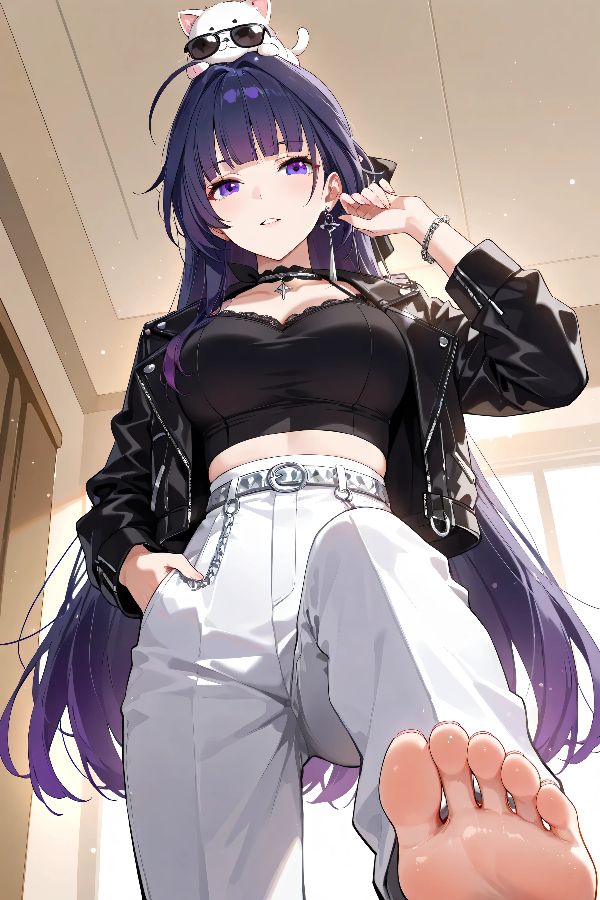 score_9, score_8_up, score_7_up, masterpiece, best quality, very aesthetic, absurdres, tunning image, light particles, attractive image, solo, 1girl, adult grown woman, raiden mei, long hair, purple hair, bangs, purple eyes, blunt bangs, bangs, gradient hair, hair ribbon, masterpiece,best quality,amazing quality, 5 fingers, alternate costume, An anime female character in a modern monochrome streetwear outfit. She wears a black long-sleeve crop top with side lace-up details, paired with high-waisted white cargo pants featuring multiple pockets and a silver chain belt. A black oversized faux leather jacket drapes over her shoulders, adding an edgy vibe. Accessories include a black choker, chain bracelets, and small sunglasses perched on her head, enhancing her stylish urban aesthetic.showing bottom of foot, sole, low angle