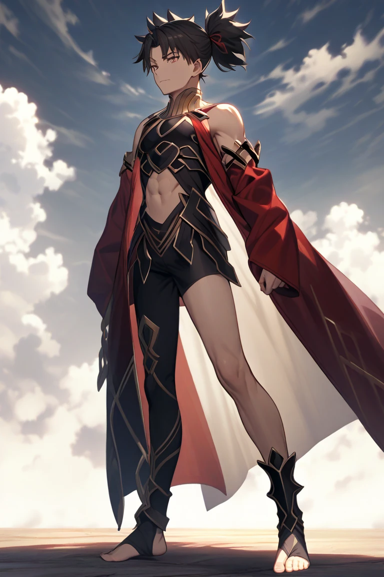 Fate, toned body, fit body, short hair, spiky hair, black full body armor, sleeveless breastplate, black pants, boots with black metal plates, red jacket, jacket with two separate sleeves, with a cut to show the upper torso and abdomen,Ishtar (fate),black panties, toeless legwear, asymmetrical legwear, single thighhigh, anklet, ribbon, bangs, barefoot, anklet, Man, Man, Man, Man, Man, Man, Man ,small ponytail, small ponytail, small ponytail, small ponytail, small ponytail, small ponytail,solo, solo, solo, solo, solo,from The front, from The front, from The front, from The front
