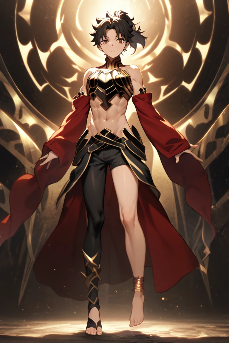 Fate, toned body, fit body, short hair, spiky hair, black full body armor, sleeveless breastplate, black pants, boots with black metal plates, red jacket, jacket with two separate sleeves, with a cut to show the upper torso and abdomen,Ishtar (fate),black panties, toeless legwear, asymmetrical legwear, single thighhigh, anklet, ribbon, bangs, barefoot, anklet, Man, Man, Man, Man, Man, Man, Man ,small ponytail, small ponytail, small ponytail, small ponytail, small ponytail, small ponytail,solo, solo, solo, solo, solo,from The front, from The front, from The front, from The front