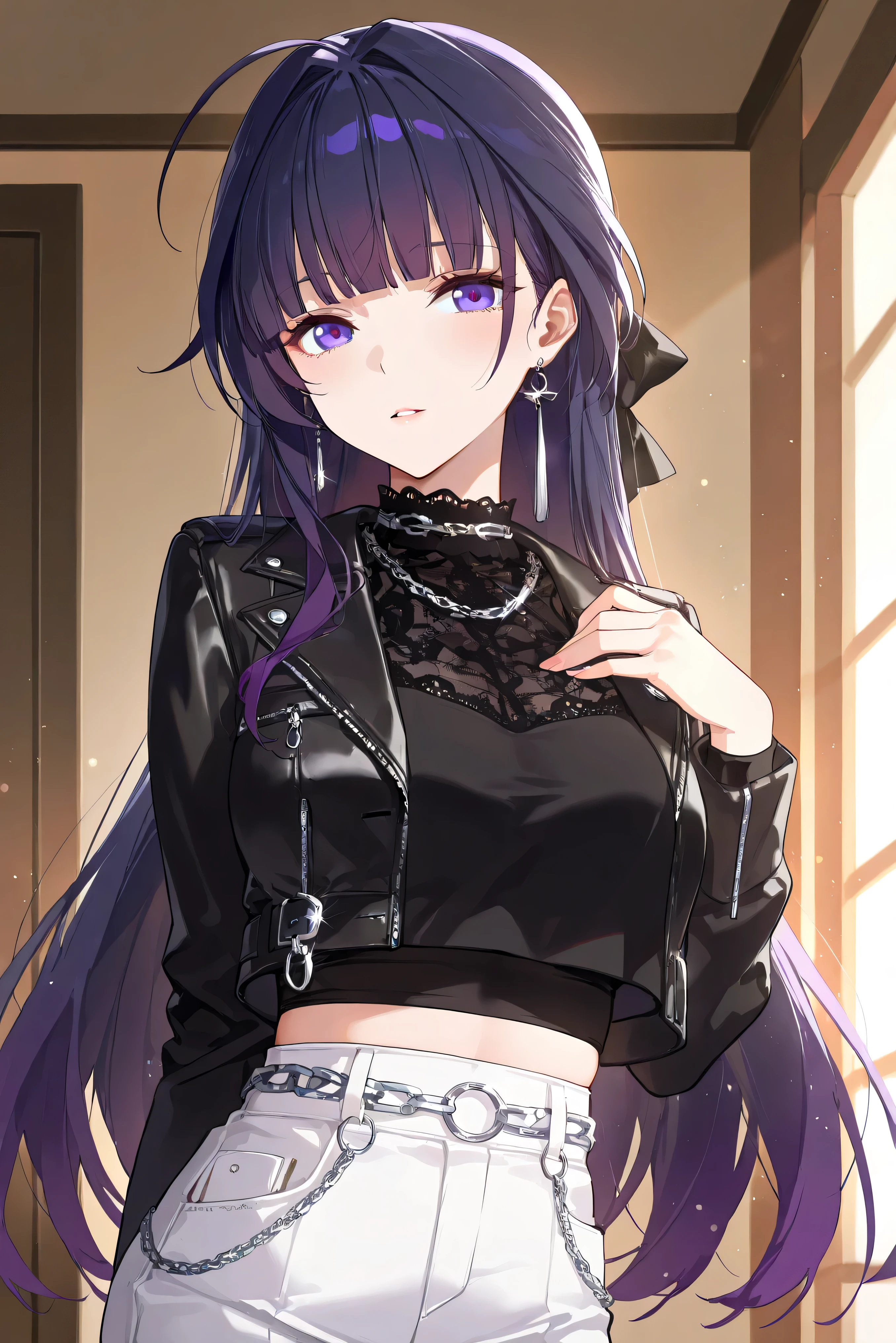 score_9, score_8_up, score_7_up, masterpiece, best quality, very aesthetic, absurdres, tunning image, light particles, attractive image, solo, 1girl, adult grown woman, raiden mei, long hair, purple hair, bangs, purple eyes, blunt bangs, bangs, gradient hair, hair ribbon, masterpiece,best quality,amazing quality, 5 fingers, alternate costume, An anime female character in a modern monochrome streetwear outfit. She wears a black long-sleeve crop top with side lace-up details, paired with high-waisted white cargo pants featuring multiple pockets and a silver chain belt. A black oversized faux leather jacket drapes over her shoulders, adding an edgy vibe.