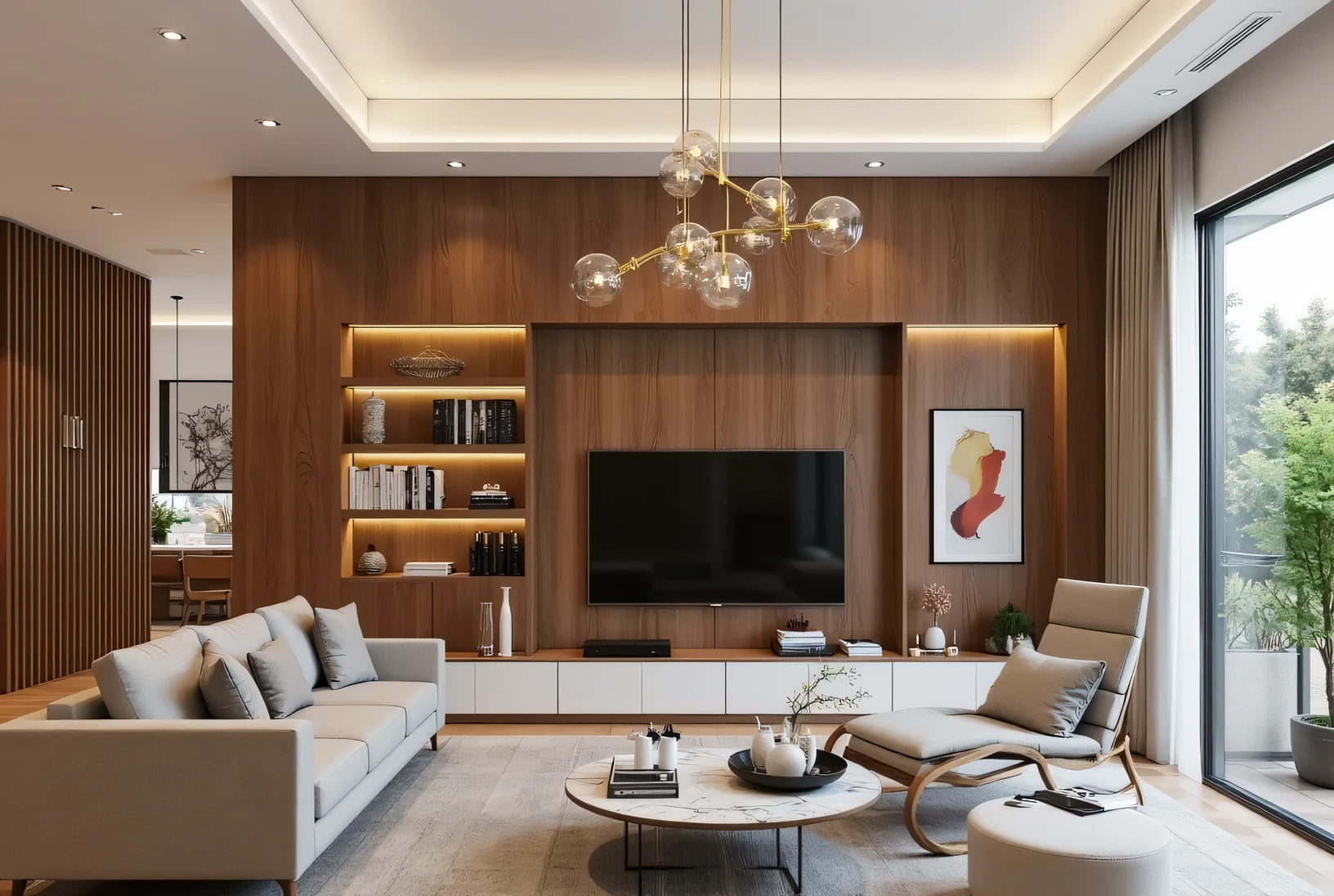 A luxurious and modern living room with a warm and elegant design. The space features a combination of wood, glass, and marble materials, creating a harmonious and sophisticated look. A large built-in wooden wall unit with white accents serves as the main focal point, featuring open shelves, storage compartments, and a sleek television display. The wooden paneling extends vertically with integrated lighting, adding depth and structure to the design.
A stylish wooden partition with vertical slats and a circular decorative element separates the living area from another space, providing an airy yet private feel. The ceiling features recessed LED lighting and a luxurious chandelier with golden accents and glass globes, enhancing the room’s ambiance.
The furniture includes a plush L-shaped sofa in neutral tones, a modern armchair, and a marble coffee table adorned with decorative elements such as books, a tea set, and glassware. The floor-to-ceiling windows framed with black metal bring in ample natural light, offering a view of greenery outside. A mix of warm and cool lighting creates a cozy and inviting atmosphere, making the space both functional and aesthetically pleasing