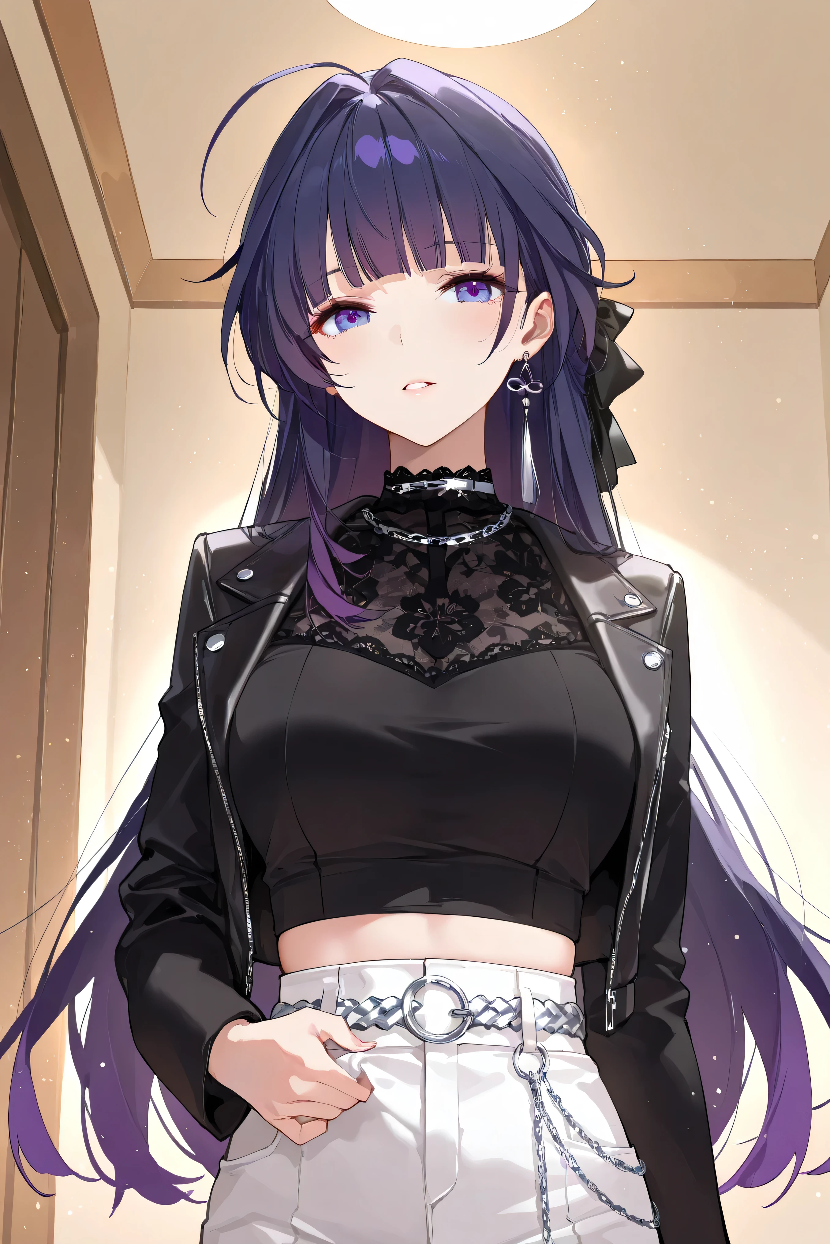 score_9, score_8_up, score_7_up, masterpiece, best quality, very aesthetic, absurdres, tunning image, light particles, attractive image, solo, 1girl, adult grown woman, raiden mei, long hair, purple hair, bangs, purple eyes, blunt bangs, bangs, gradient hair, hair ribbon, masterpiece,best quality,amazing quality, 5 fingers, alternate costume, An anime female character in a modern monochrome streetwear outfit. She wears a black long-sleeve crop top with side lace-up details, paired with high-waisted white cargo pants featuring and a silver chain belt. A black oversized faux leather jacket drapes over her shoulders, adding an edgy vibe.