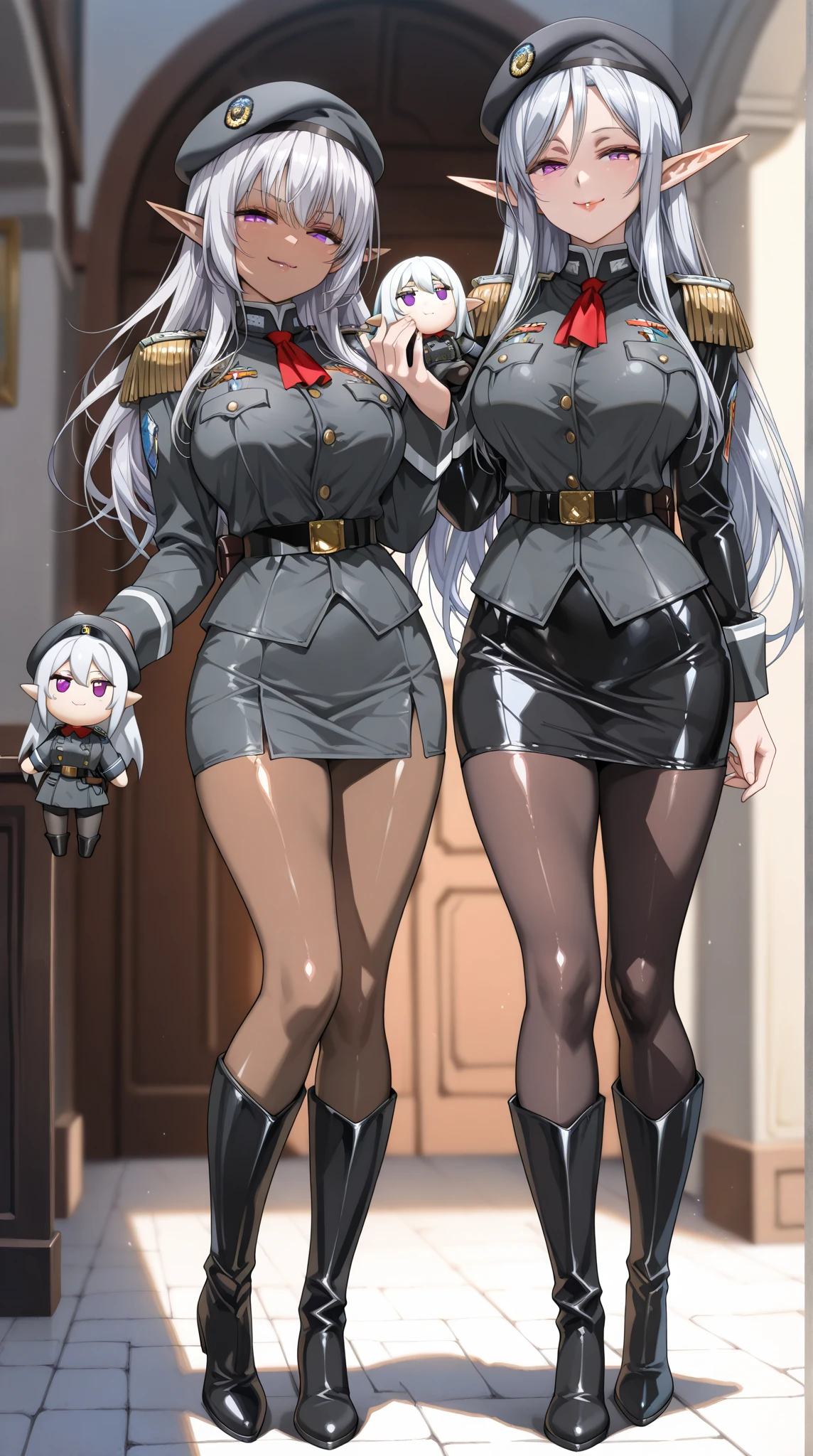 A woman wearing a gray military dress, with military accessories, short skirt, black coat made of cape with gold details, black tights, black heels, long silver hair, pigtails, one blue eye and one red eye, shy face, full body, standing on a high point in a city overlooking a large modern city, blue sky with clouds, ,(woman solo), HDR, ultra resolution, sharp, masterpiece, 8K HD