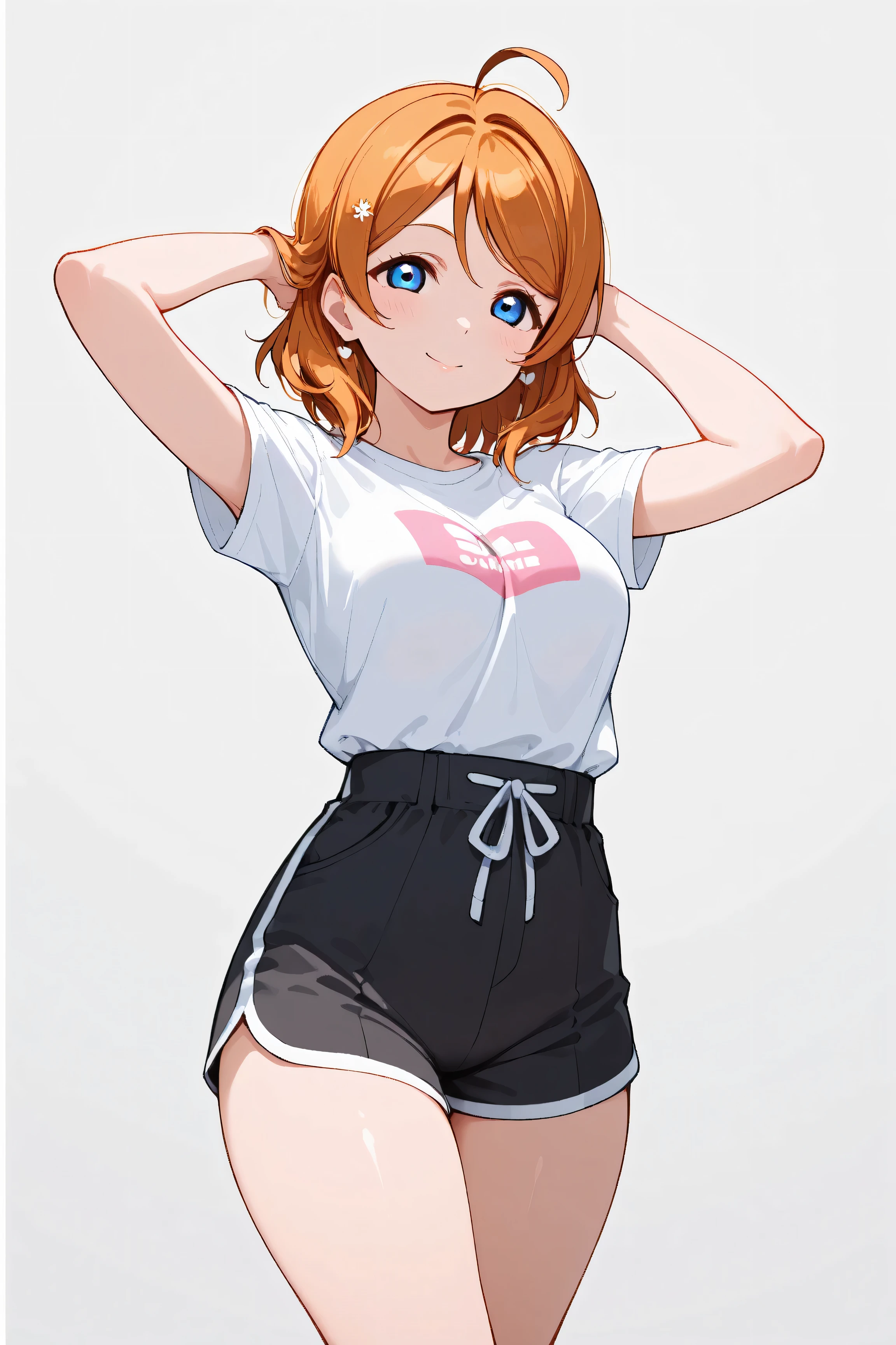 Masterpiece, sksrin, beautiful , facial details, 8k wallpaper, Rin Hoshizora Love Live, short hair, open hoodie, white hoodie,hood up,cat ears, thighs,gamer room, bike shorts ,naked, closed mouth,w mouth , standing, arms behind back