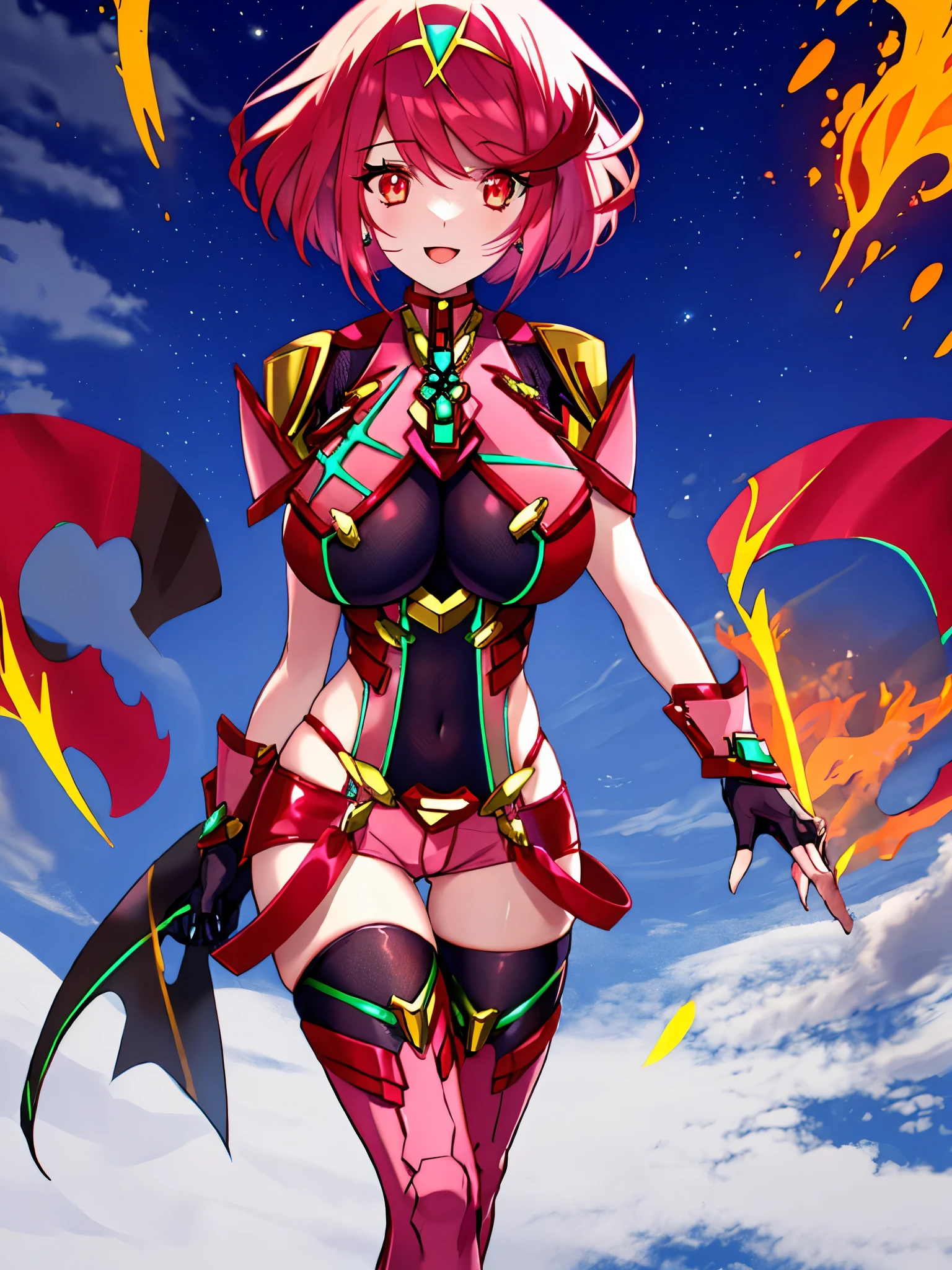 pyra \(xenoblade\), _1girl, lolimor, bangs, black gloves, breasts, red eyes, closed mouth, earrings, eyelashes, fingerless gloves, floating hair, framed breasts, gem, gloves, hair ornament, headpiece, jewelry, big_breasts, leaning back, leotard, neon trim, official art, pose, red hair, red shorts, saitou masatsugu, short hair, short shorts, short sleeves, shorts, sidelocks, skin tight, solo, standing, swept bangs, thighhighs, tiara, night_prairie_background, turtleneck, underbust, vambraces, xenoblade chronicles \(series\), (xenoblade chronicles 2), apart_legs, fire_effect,dynamic_pose,fighting,light_smile, (plump:1.1), big_ass,huge_sword, hold_large_sword_hilt, solo, covered_nipples, covered_pussy,open_mouth,back_view, fists,