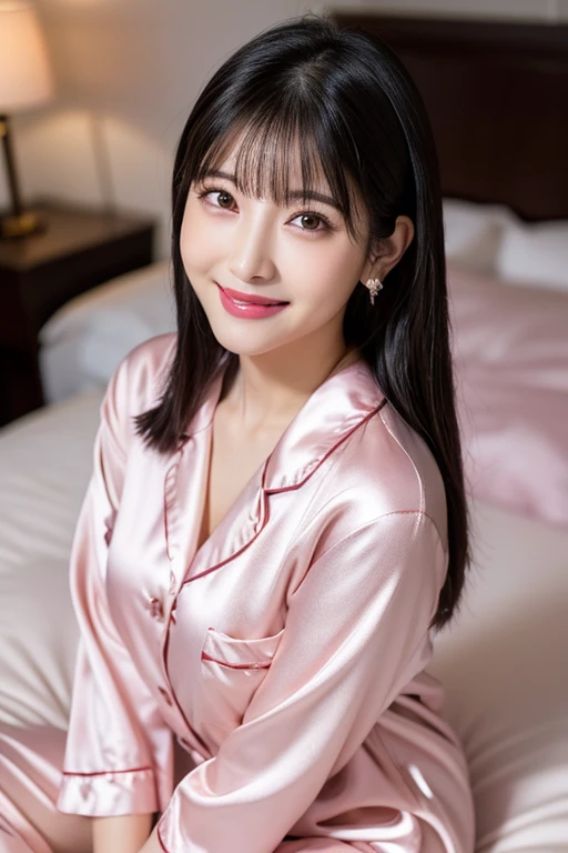 Best-quality, Masterpiece, Ultra-High-Resolution, (Photorealistic:1.4), Raw-Photo, 1girl, 18-years-old, the most famous Japanese idol, at luxury-hotel-suits, dynamic-pose, (((wearing only gorgeous pajamas))), ((extremely cute face like the most popular Japanese idol, ((extremely cute and extremely big black-eyes)), extremely beautiful hair, extremely cute lips, extremely beautiful skins)), innocent-smile, detailed luxury-hotel-suits, detailed gorgeous-evening-dress