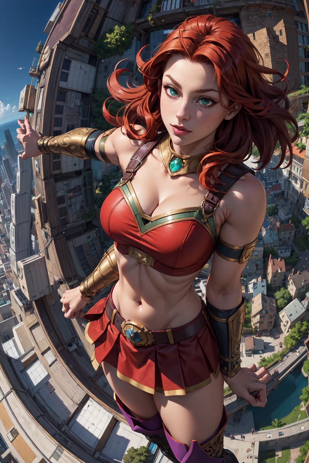 (masterpiece, best quality, 4k, detailed, intricate, realistic),floating in midair,above city,from above,fisheye lens,starfire,orange skin, red hair,gorget, crop top, armlet, vambraces, midriff, skirt, purple skirt, thigh boots,green eyes