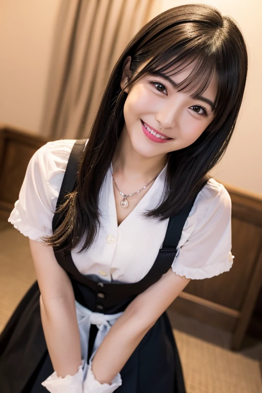 (8K, RAW photo, highest quality, masterpiece:1.3), (realistic, photo-realistic:1.4), (Highly detailed 8K wallpaper), sharp focus, Depth of written boundary, japanese idol, very cute, (baby face), Look at us and smile, full body, highly detailed face and eyes, ((shiny skin:1.2)), cinematic lighting, soft light, blur background, Bokeh, cafe background with cozy and warm atmosphere, wooden furniture, clean design, wearing a black and white maid costume with a shorter skirt, white apron, black dress with a lower neckline, white frills, black bow, knee-high socks, and black shoes, similar to the attached image