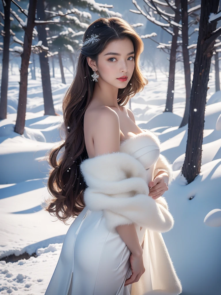 Beautiful caucasian girl, Realistic, Photorealistic, Highly detailed, half body shot, Smooth, sharp-focus, 8K High definition, insanely detailed, Intricate, elegant, art by artgerm, Snowy winter