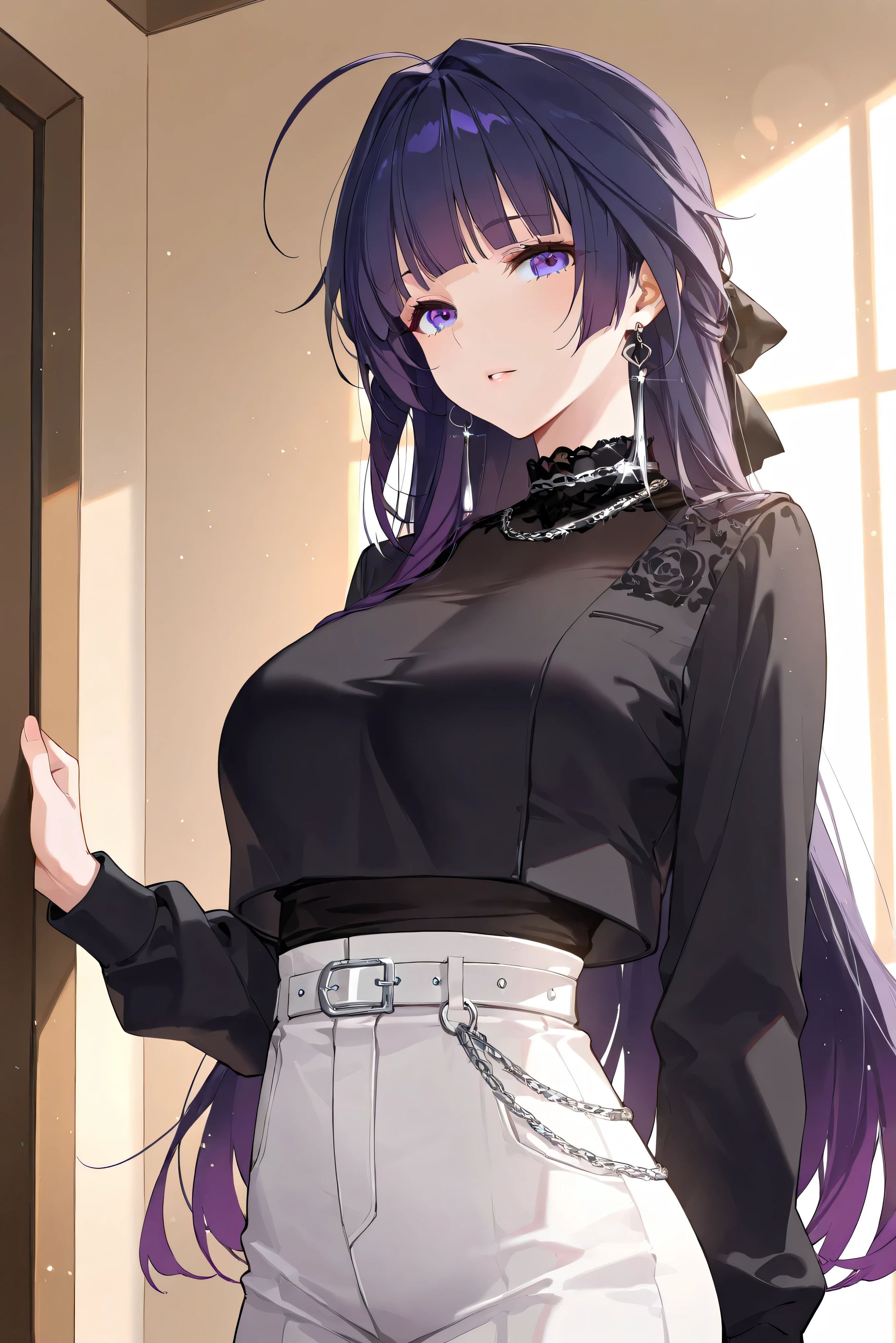score_9, score_8_up, score_7_up, masterpiece, best quality, very aesthetic, absurdres, tunning image, light particles, attractive image, solo, 1girl, adult grown woman, raiden mei, long hair, purple hair, bangs, purple eyes, blunt bangs, bangs, gradient hair, hair ribbon, masterpiece,best quality,amazing quality, 5 fingers, alternate costume, An anime female character in a modern monochrome streetwear outfit. She wears a black long-sleeve crop top with side lace-up details, paired with high-waisted white cargo pants featuring and a silver chain belt. A black oversized faux leather jacket drapes over her shoulders, adding an edgy vibe.