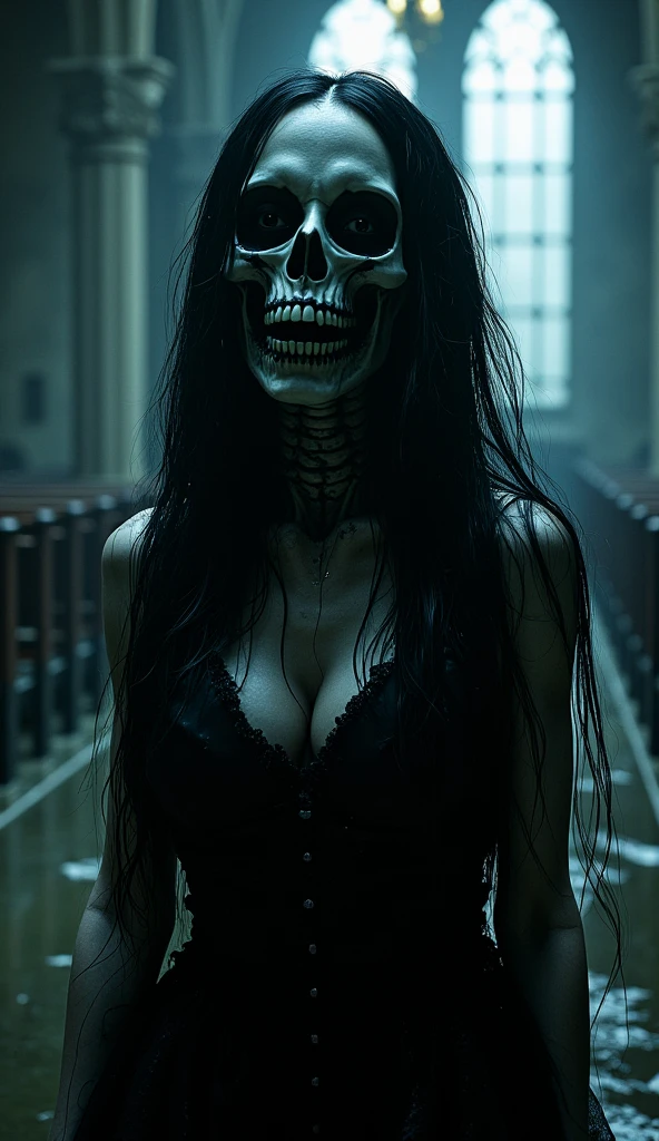 a surreal beautiful woman with a detailed skull face, long black hair, piercing eyes, delicate facial features, elegant neck, wearing a black dress, Sexy curvy hourglass body. Her breasts protrude from her cleavage. standing in a mystical dungeon, cinematic lighting, dark moody colors, highly detailed, digital painting, concept art, photorealistic.