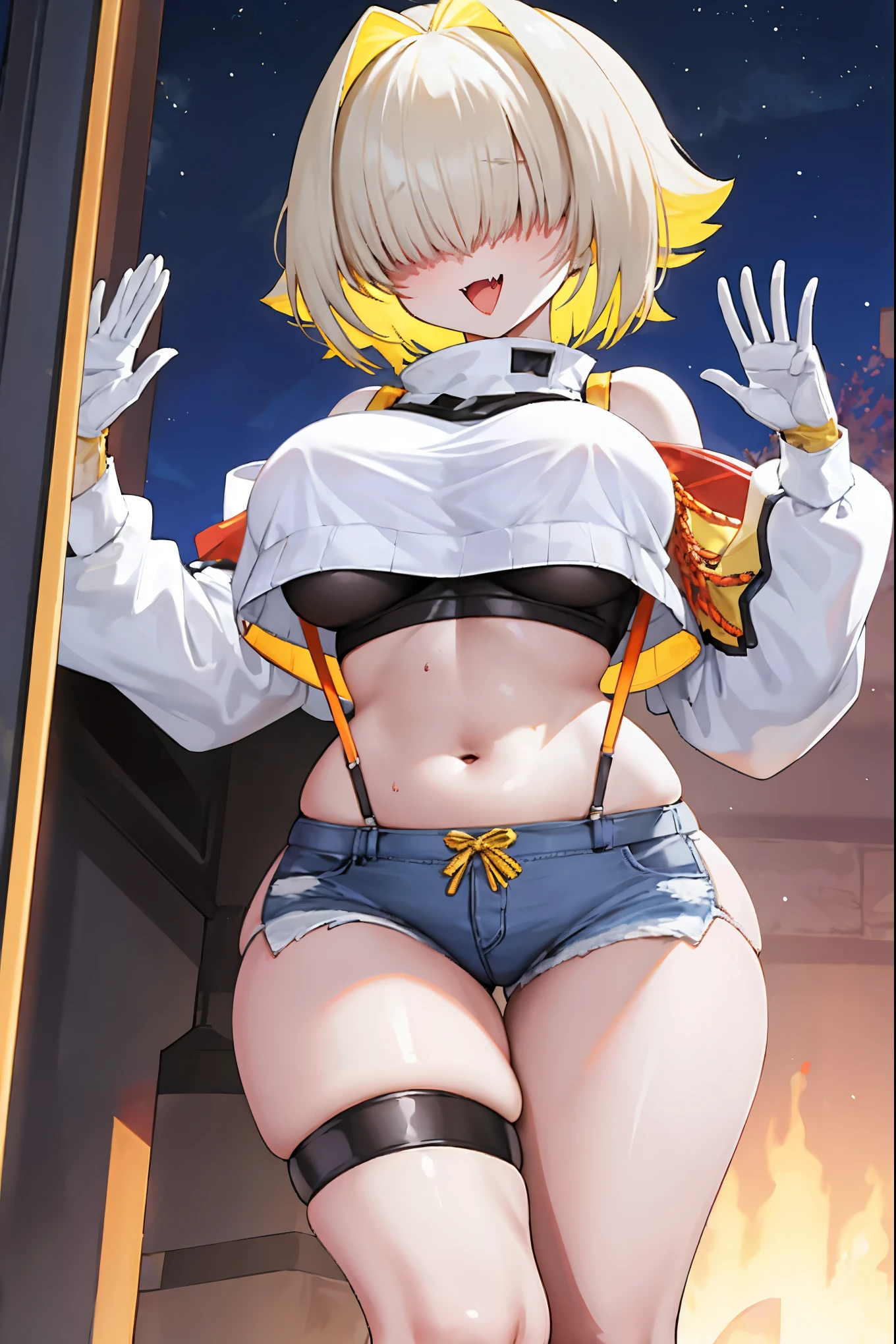 score_9, score_8_up, score_7_up, source_anime BREAK 1girl, solo, elegg, short hair, bangs, hair intakes, multicolored hair, hair over eyes, crop top, bare shoulders, long sleeves, suspenders, midriff, navel, short shorts, thigh strap, multicolored_gloves, large breasts, looking at viewer, thick thighs, plump,(plump_lower:0.7), standing, smug, waving,
,future_city_background,night,under_breasts,lighting, (sharp_glance:0.2),nihil_smile,fang, pockets_protruding_from_shorts,