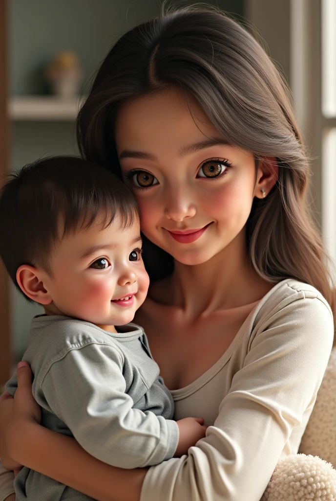 (masterpiece),(best quality),(ultra-detailed), (full body:1.2),chibi,cute, ((mom and son)) , smile , 30 years old chubby woman hug her son, asia , black hair , (beautiful detailed face), (beautiful detailed eyes),
