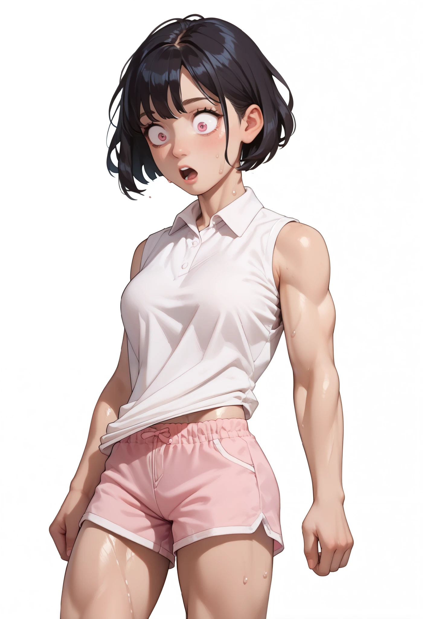 (masterpiece, best quality:1.2), solo, 1girl, valmet, muscular, abs, expressionless, looking at viewer, hand on hip, purple eyes, black tank top, jeans
